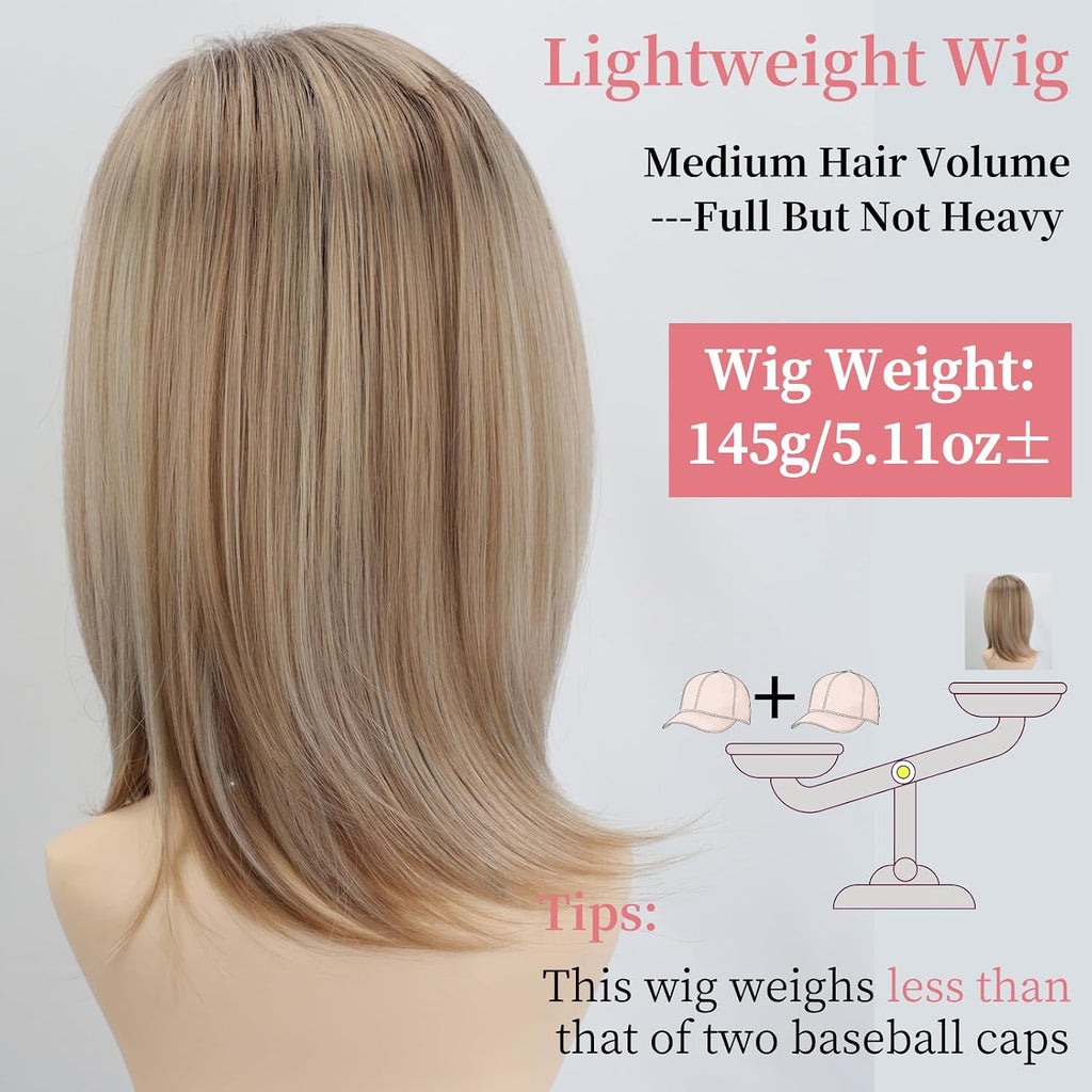 RENERSHOW Ombre Blonde Highlight Layered Bob Wig with Bangs for White Women