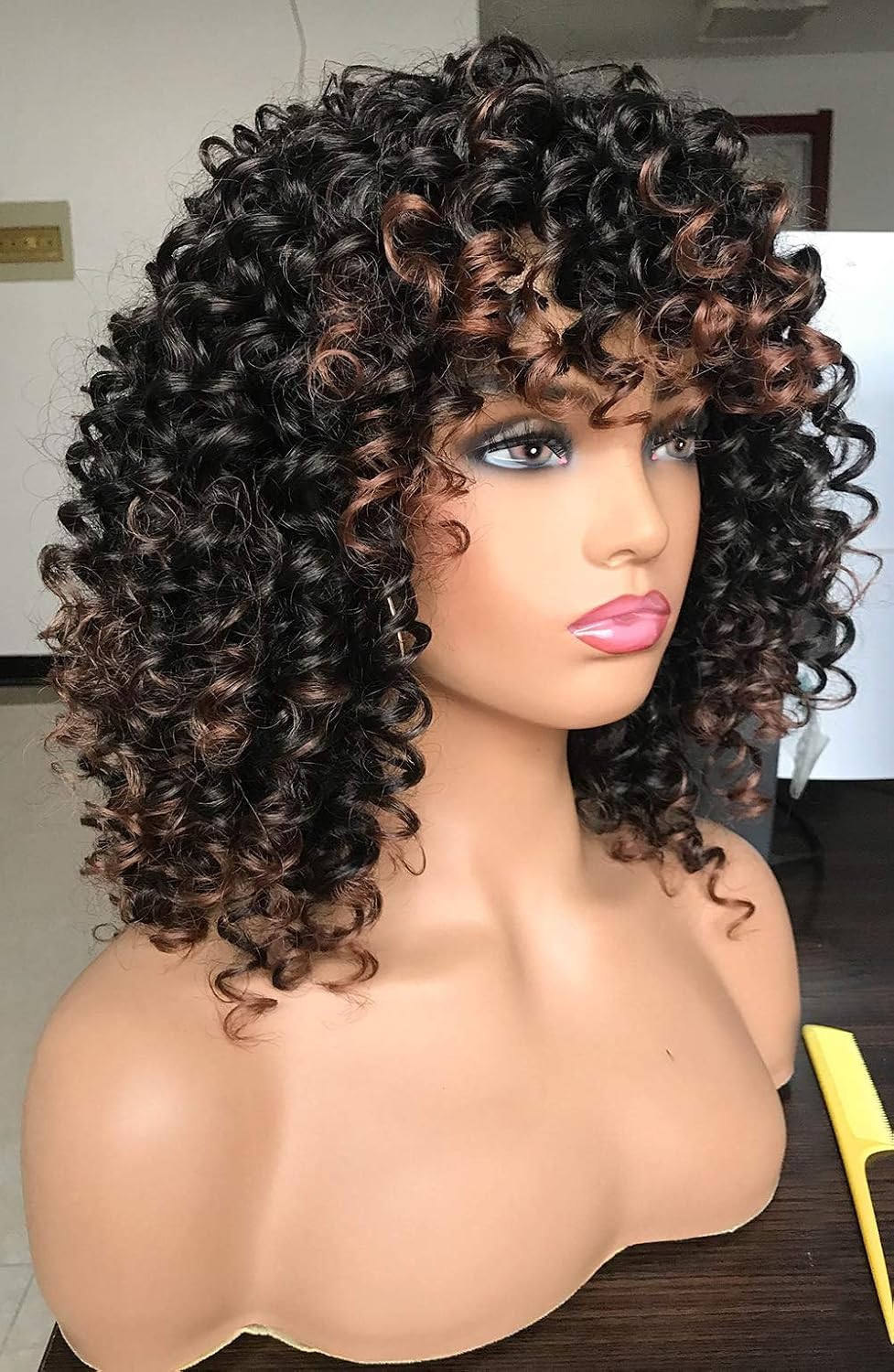Curly Afro Wigs for Black Women Kinky Curly Wig with Bangs Synthetic Fiber Natural Looking Glueless Hair for Daily Wear