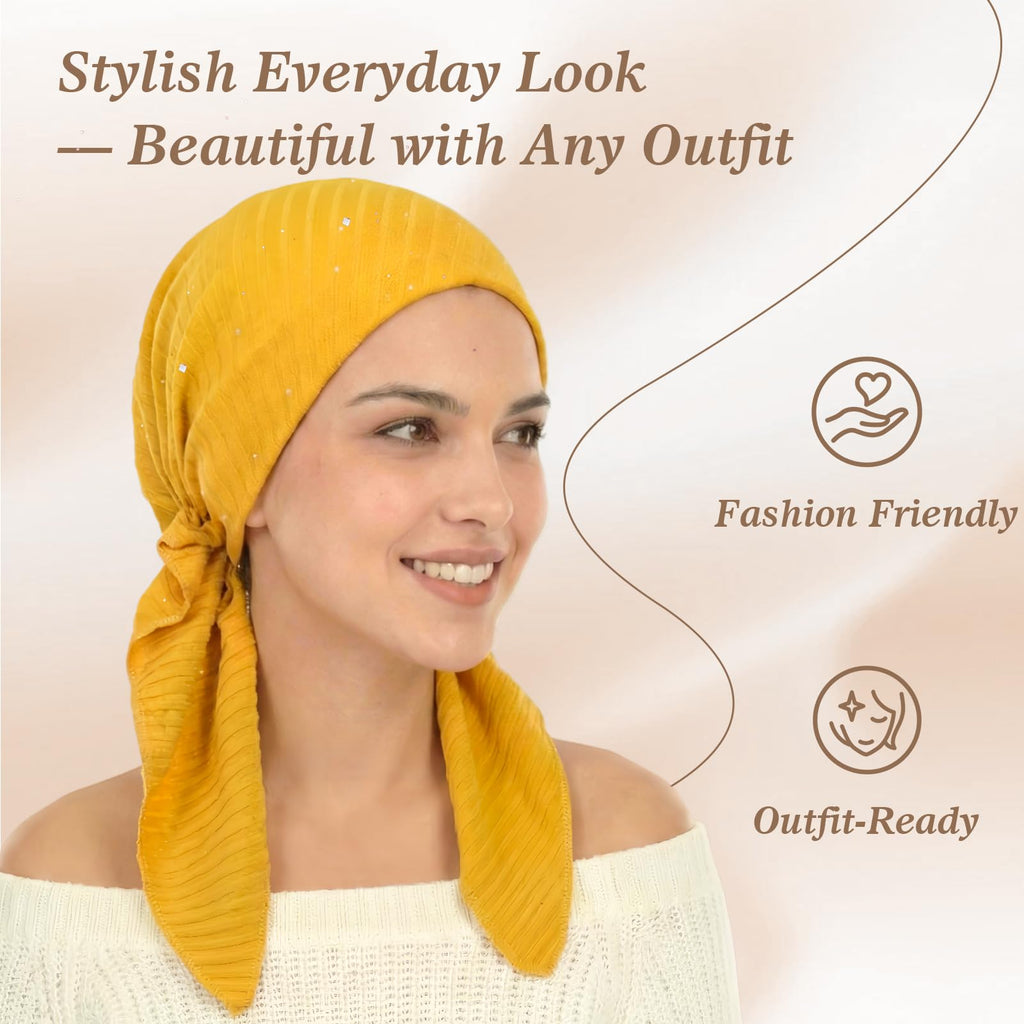 Pretied Head Scarves for Women – Fashionable Glitter Turban Head Wraps, Stylish Chemo Headwear, Elegant Hair Coverings