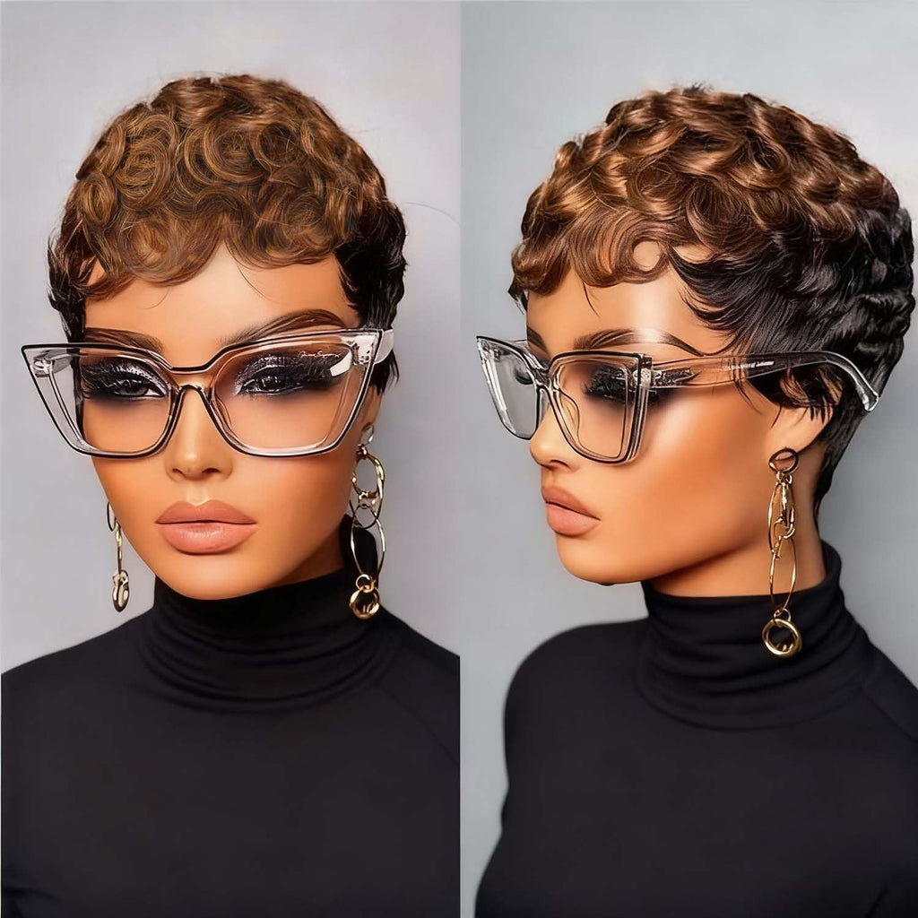 VRZ Pixie Cut Wigs for Black Women Brazilian Curly Pixie Cut Wig Human Hair Glueless Short Layered Wigs With Bangs Natural Black Color No Glue Human Hair Wig for Daily Use