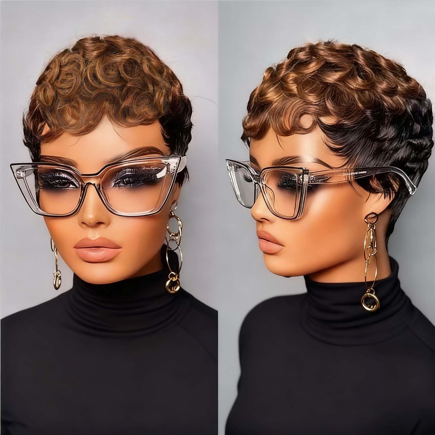 VRZ Pixie Cut Wigs for Black Women Brazilian Curly Pixie Cut Wig Human Hair Glueless Short Layered Wigs With Bangs Natural Black Color No Glue Human Hair Wig for Daily Use
