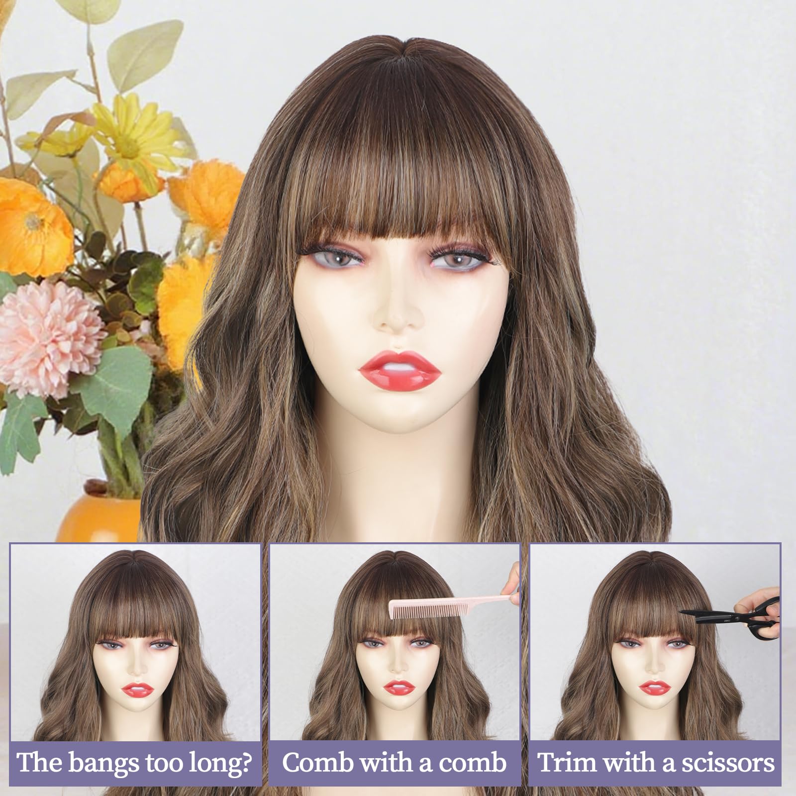 Lativ Ombre Blonde Brown Wig with Bangs Long Wavy Curly Wig with Brown End