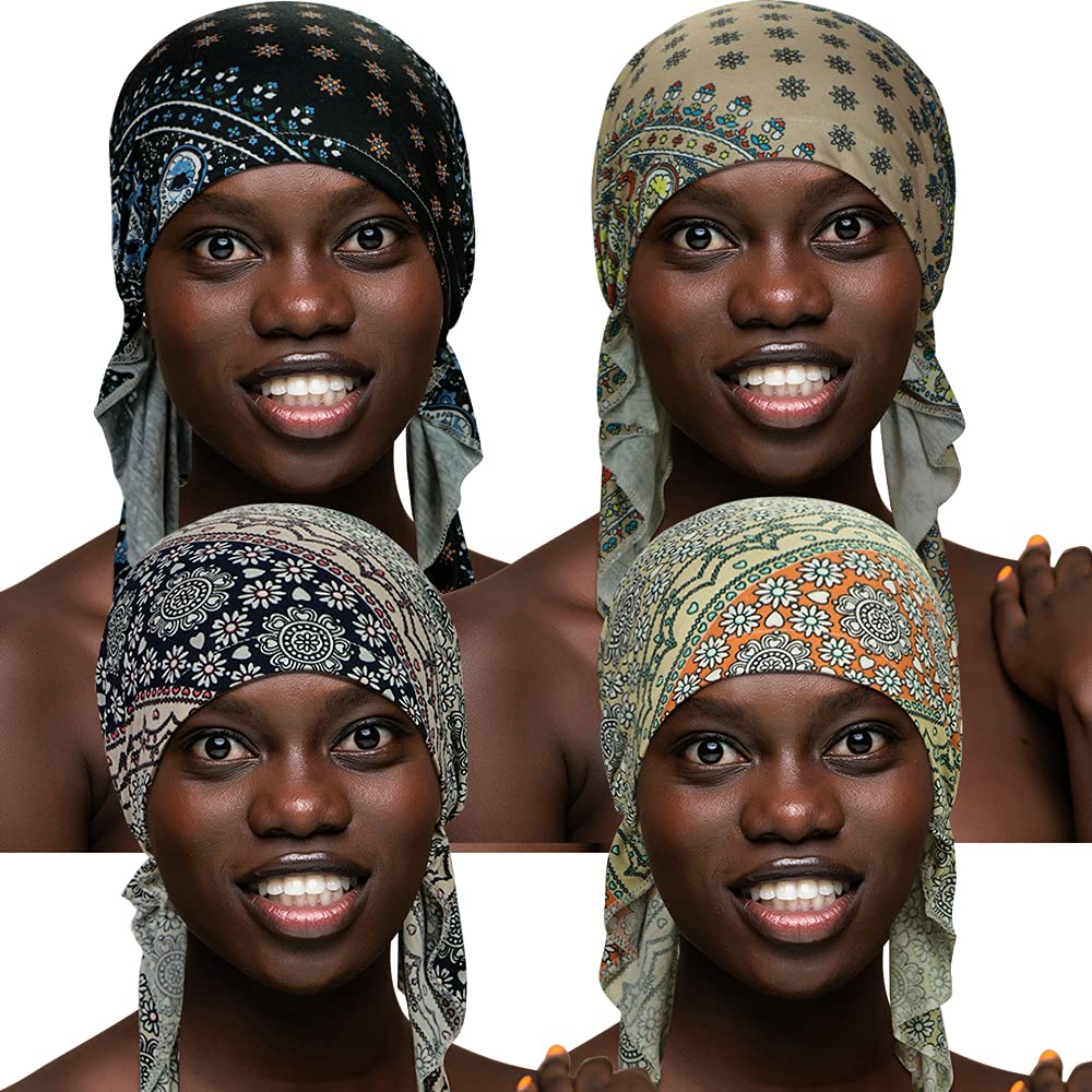 ASHILISIA 4 Pieces Women Chemo Hat Turban Beanie, Pre-Tied Headwraps Headwear Bandana for Hair Loss