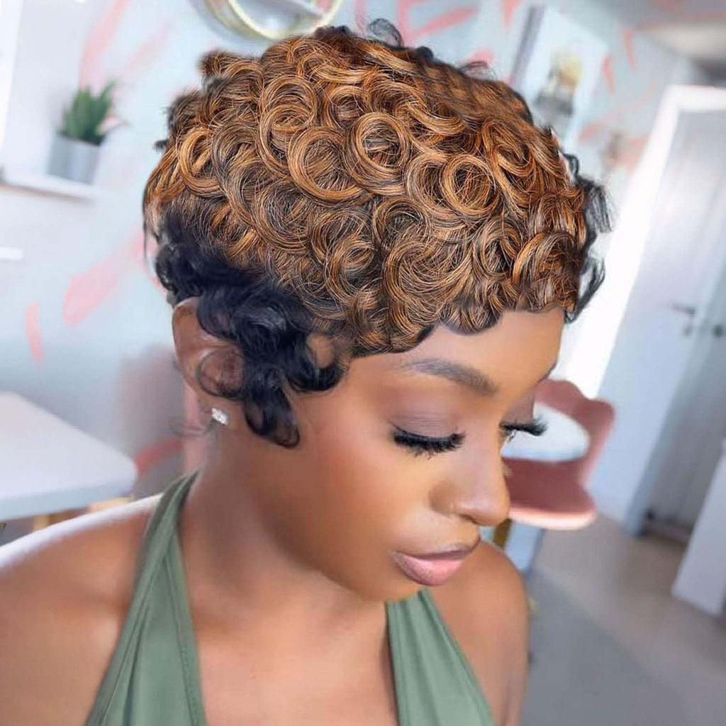 VRZ Pixie Cut Wigs for Black Women Brazilian Curly Pixie Cut Wig Human Hair Glueless Short Layered Wigs With Bangs Natural Black Color No Glue Human Hair Wig for Daily Use