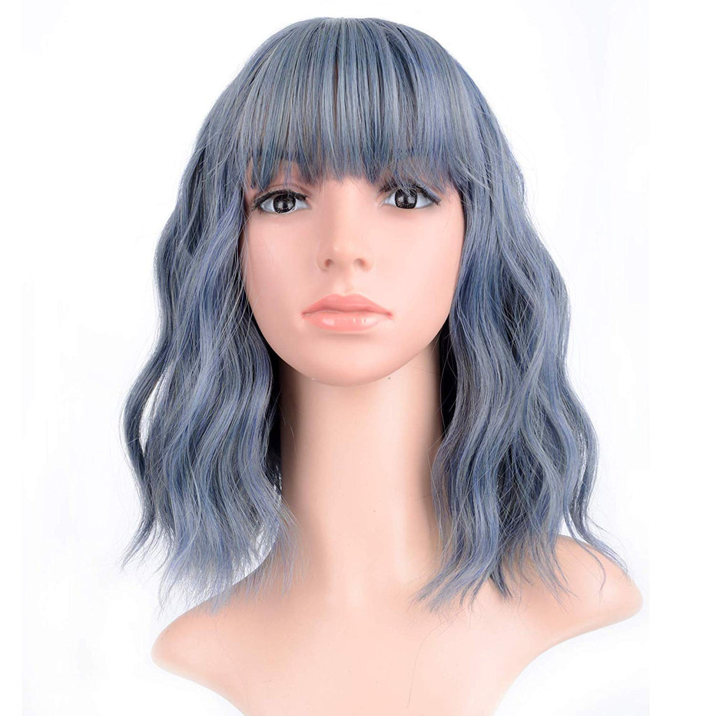 FAELBATY Blonde Wave Short Bob Wigs With Air Bangs Shoulder Length Wig For Women and Girls Curly Wavy Synthetic Cosplay Costume Wig (12" Mix blonde and gold)