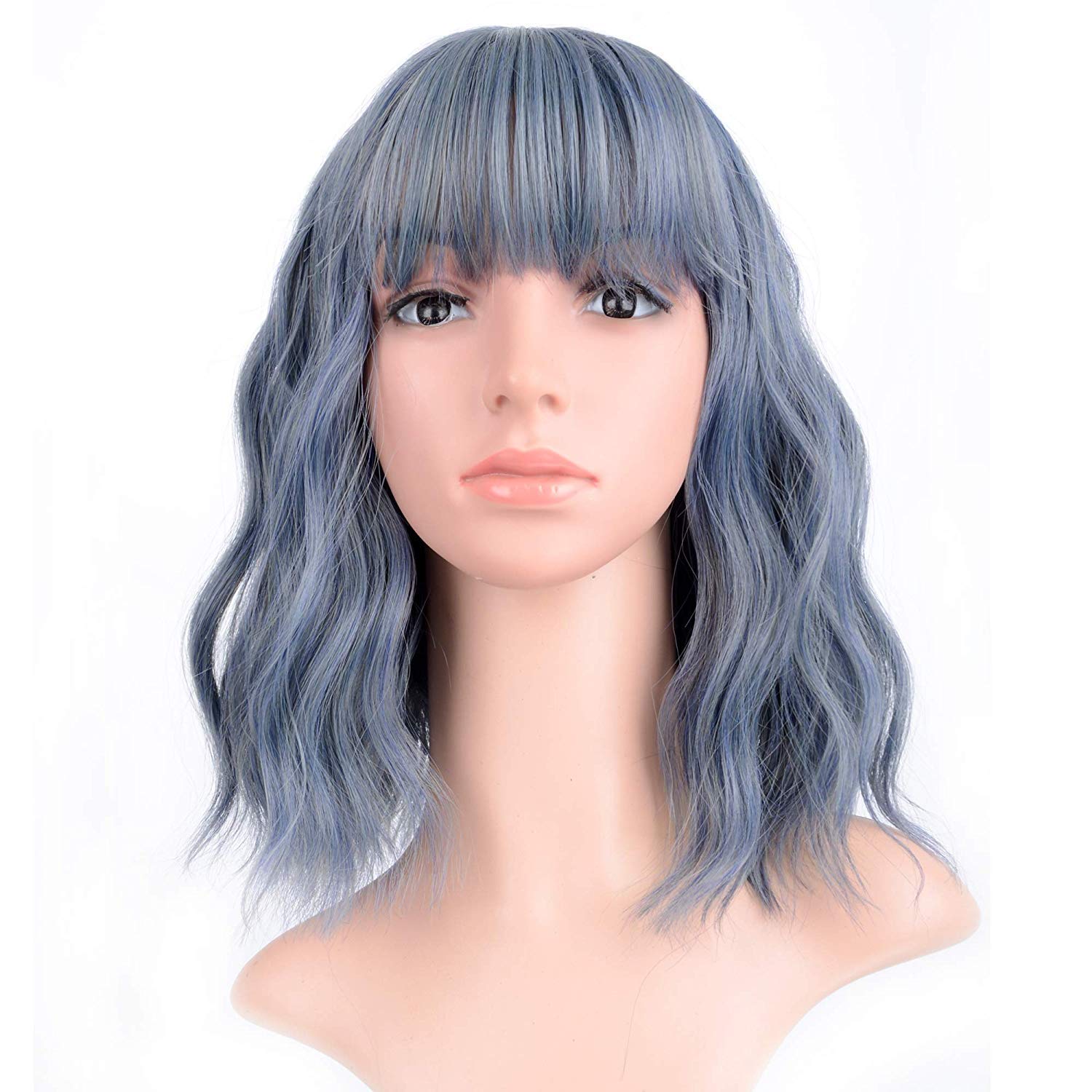 FAELBATY Blonde Wave Short Bob Wigs With Air Bangs Shoulder Length Wig For Women and Girls Curly Wavy Synthetic Cosplay Costume Wig (12" Mix blonde and gold)