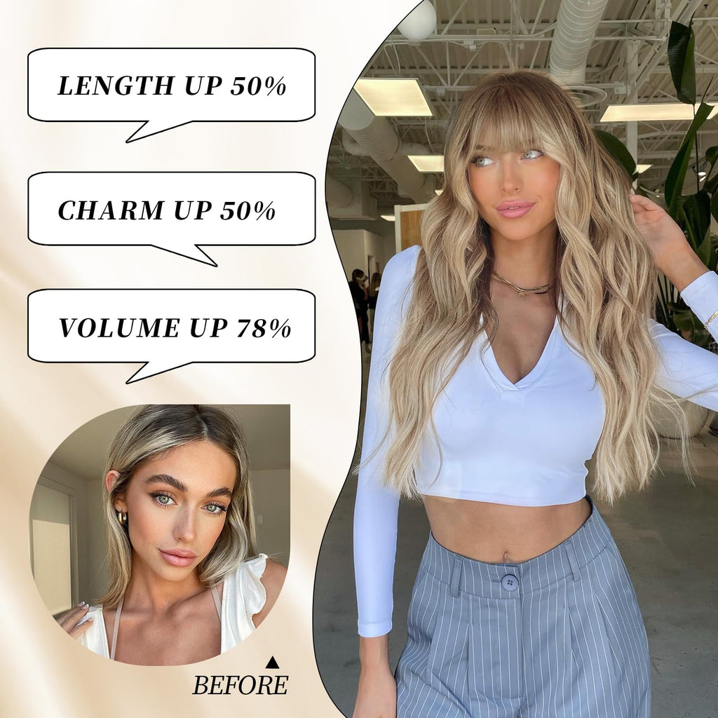 Lativ Ombre Blonde Brown Wig with Bangs Long Wavy Curly Wig with Brown End