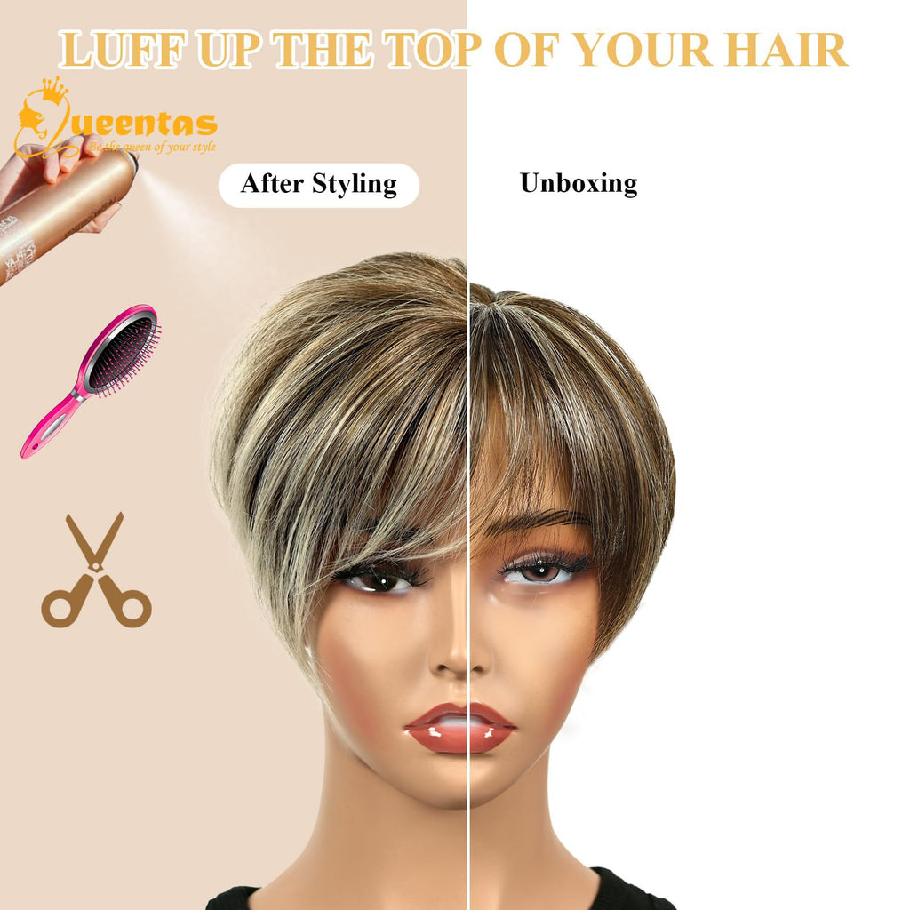 8" Layered Pixie Cut Synthetic Wig for Women Blonde Mixed Brown with Roots