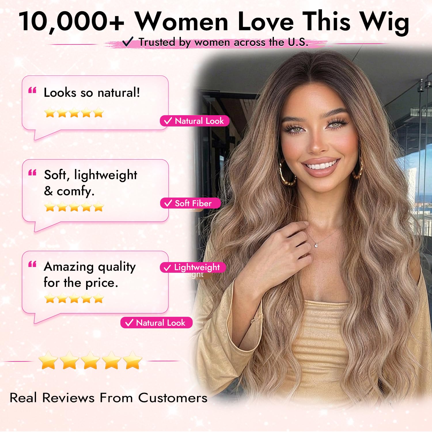 Nnzes Long Brown Mixed Blonde Wavy Wig 4x1 Lace Natural Hairline Middle Part Curly Heat-Resistant Synthetic Fiber for Women & Beginners Daily Party Use 26In