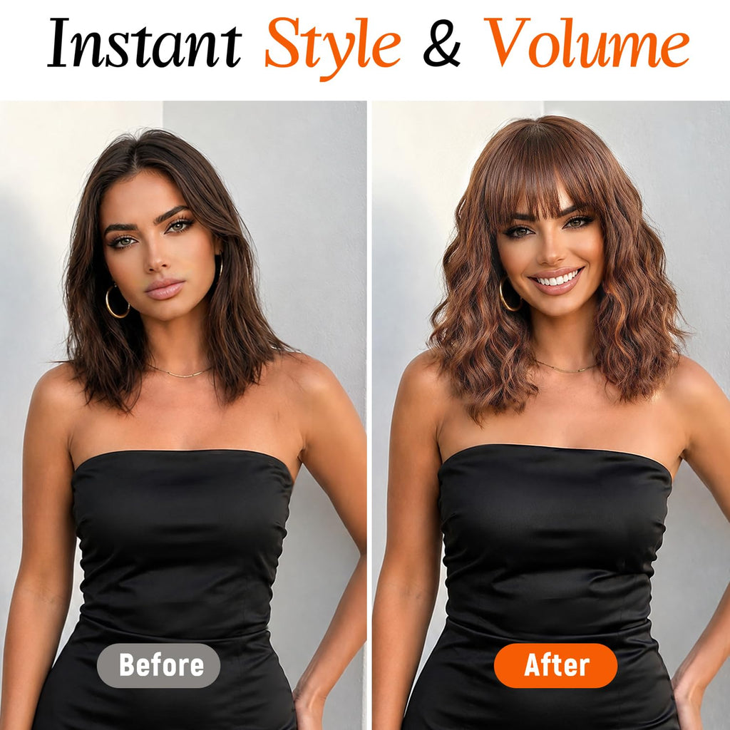 Nnzes Wig with Bangs for Women Shoulder Length Bob Wavy Women's Charming Synthetic Brown mixed Blonde Highlight Wigs with Natural Curly Heat Resistant Hair for Daily Party Use
