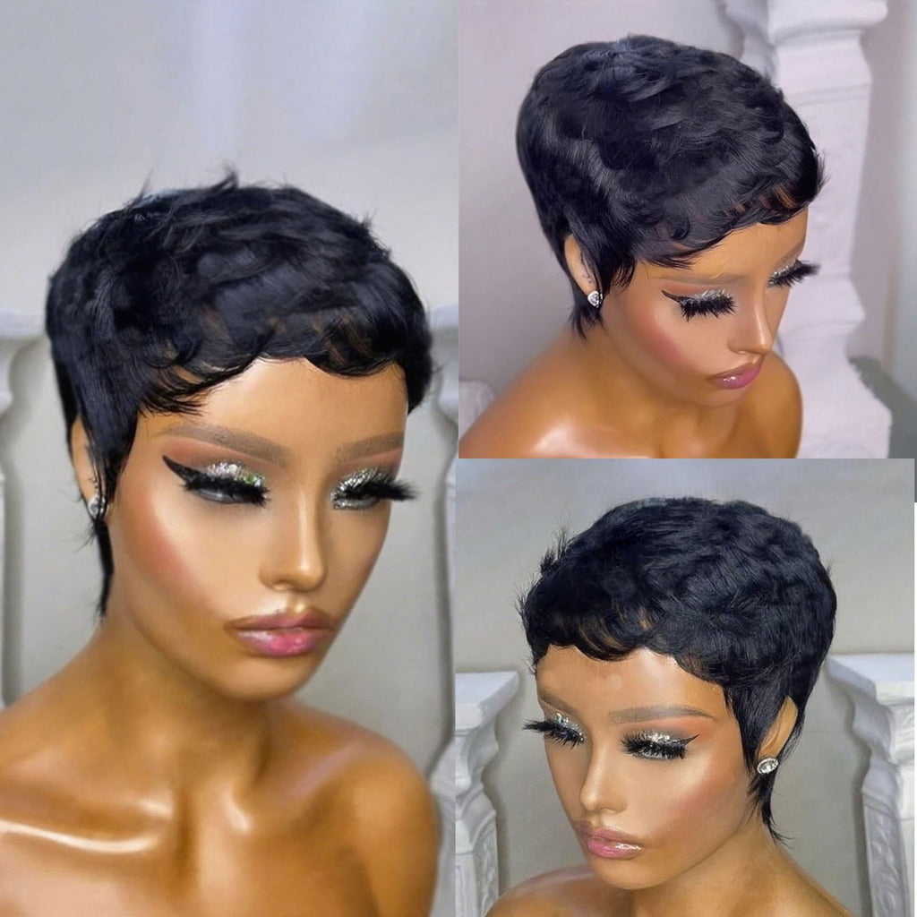 VRZ Pixie Cut Wigs for Black Women Brazilian Curly Pixie Cut Wig Human Hair Glueless Short Layered Wigs With Bangs Natural Black Color No Glue Human Hair Wig for Daily Use