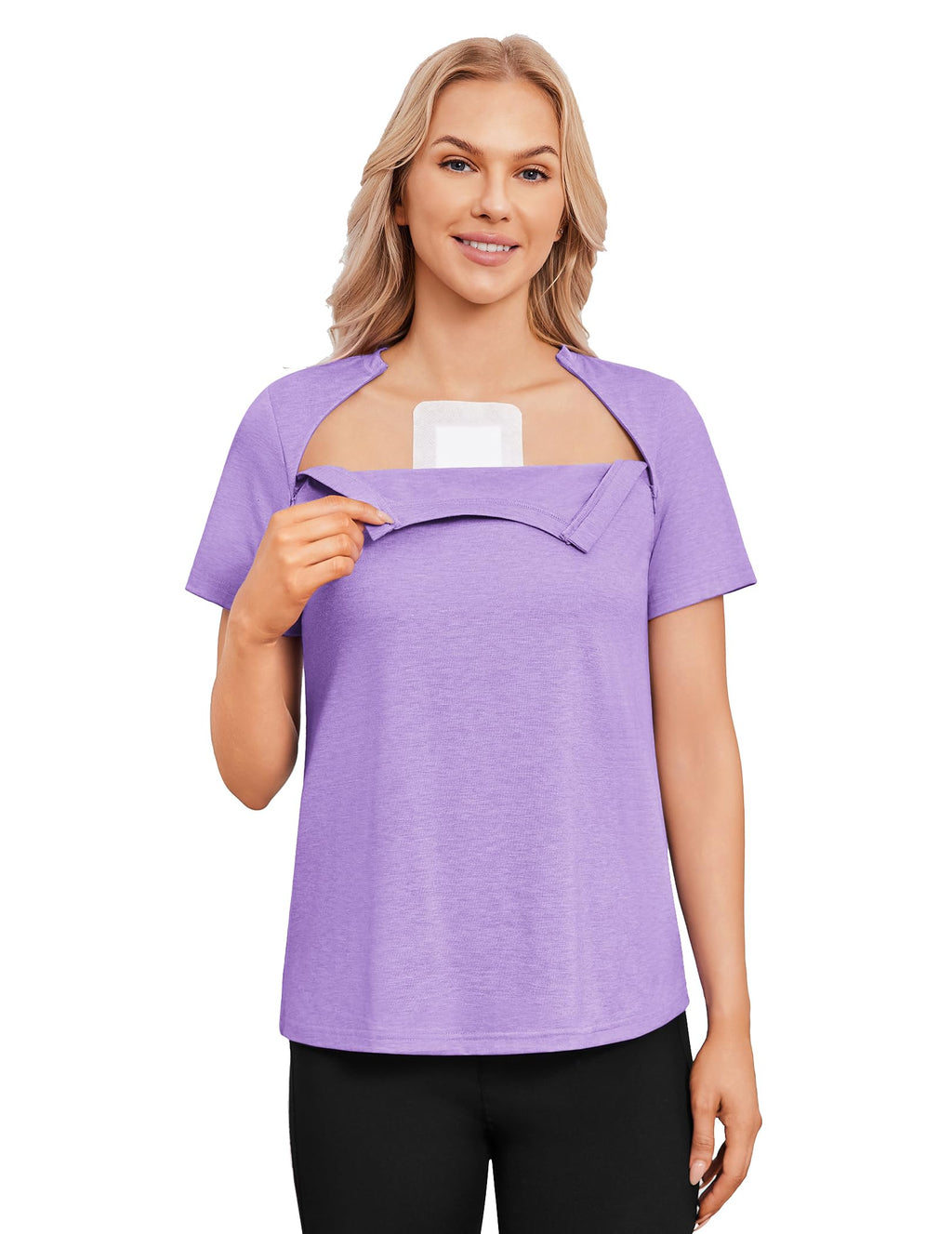 Deyeek Chemo Shirts for Port Access Women with 2 Hidden Side Zippers Post Surgery Short Sleeve Tear Away Adaptive Top Tees