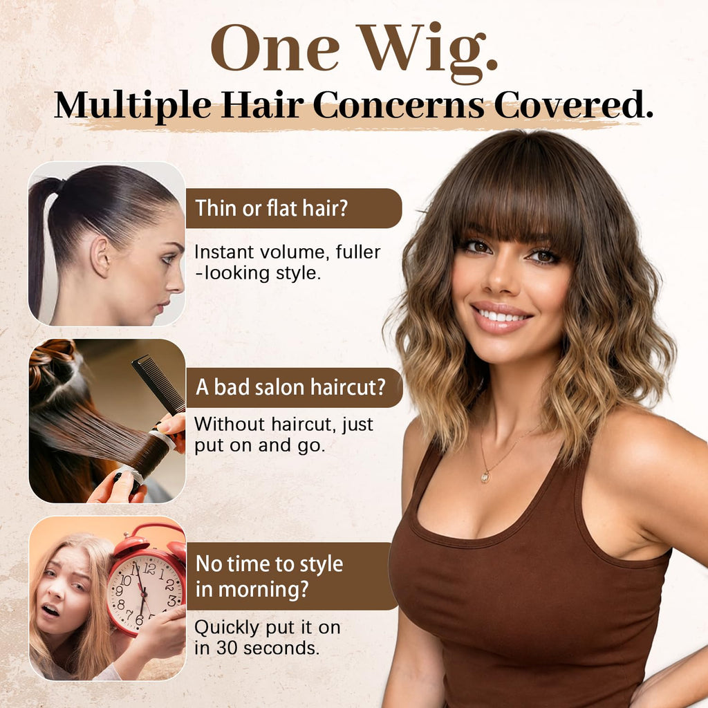 Nnzes Wig with Bangs for Women Shoulder Length Bob Wavy Women's Charming Synthetic Brown mixed Blonde Highlight Wigs with Natural Curly Heat Resistant Hair for Daily Party Use