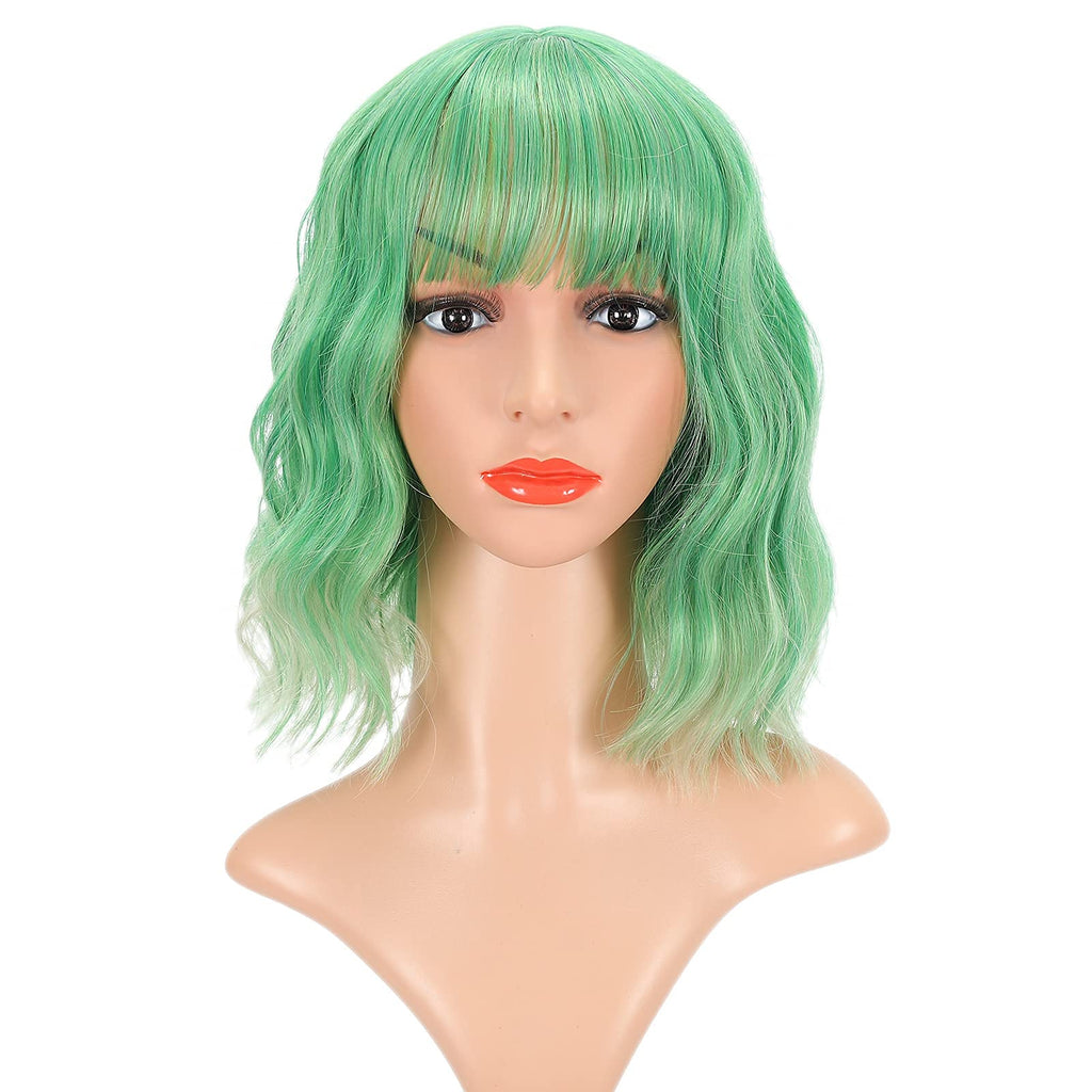FAELBATY Blonde Wave Short Bob Wigs With Air Bangs Shoulder Length Wig For Women and Girls Curly Wavy Synthetic Cosplay Costume Wig (12" Mix blonde and gold)