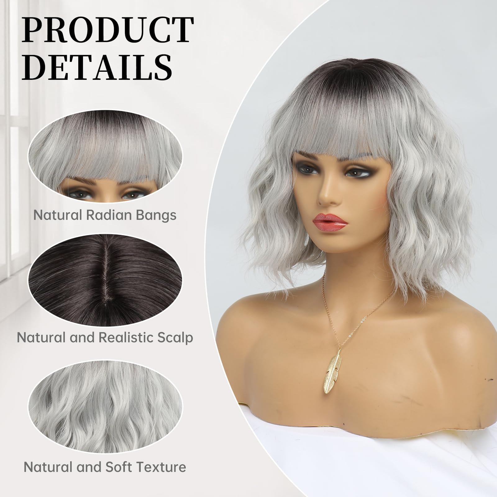 Short Auburn Wigs for Women Dark Ginger Wig with Bangs Wigs Natural Looking Curly Hair Medium Length Synthetic Bob Wig Wavy Colorful Wigs（14 Inches）