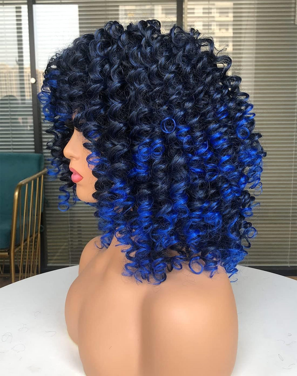 Curly Afro Wigs for Black Women Kinky Curly Wig with Bangs Synthetic Fiber Natural Looking Glueless Hair for Daily Wear