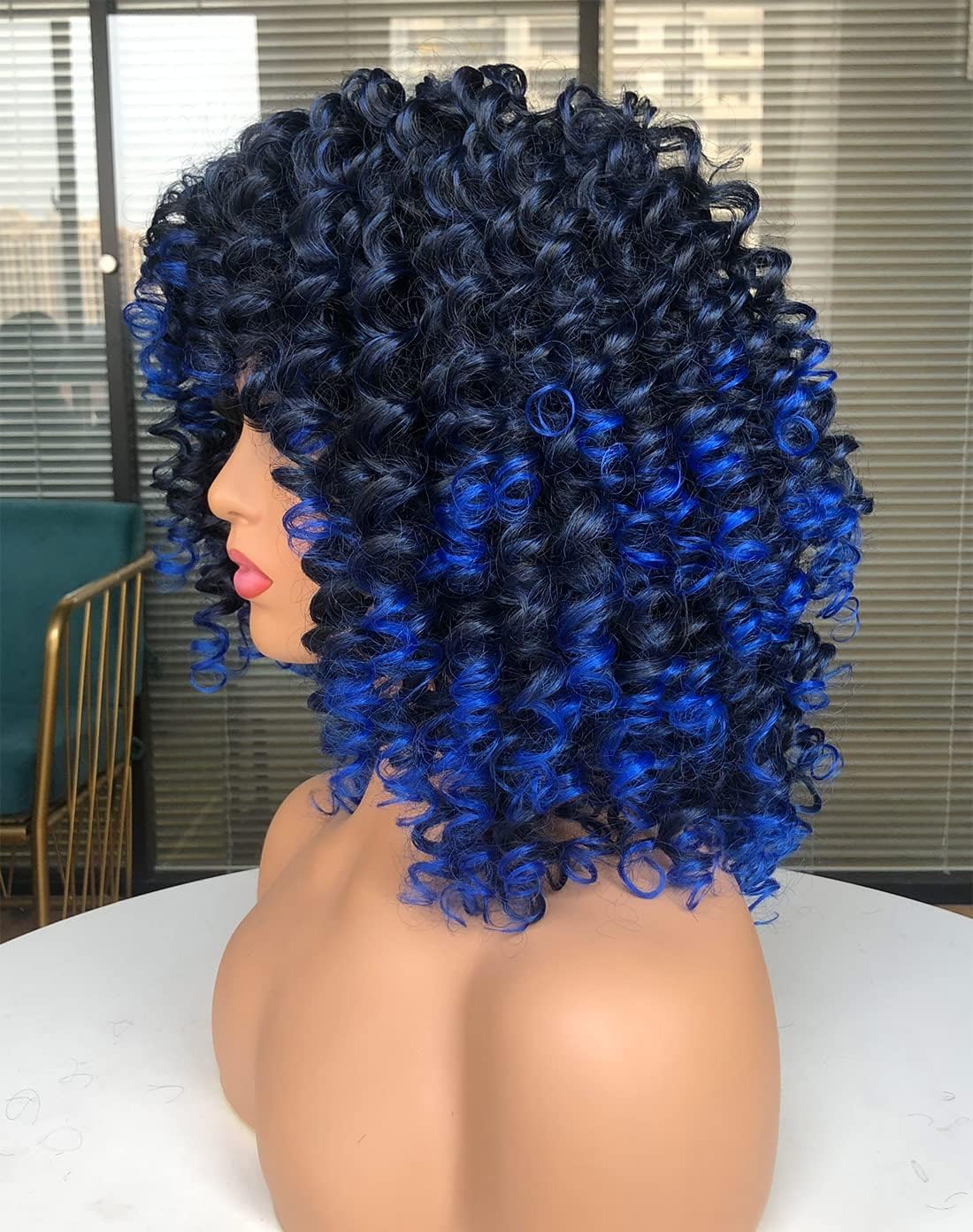 Curly Afro Wigs for Black Women Kinky Curly Wig with Bangs Synthetic Fiber Natural Looking Glueless Hair for Daily Wear
