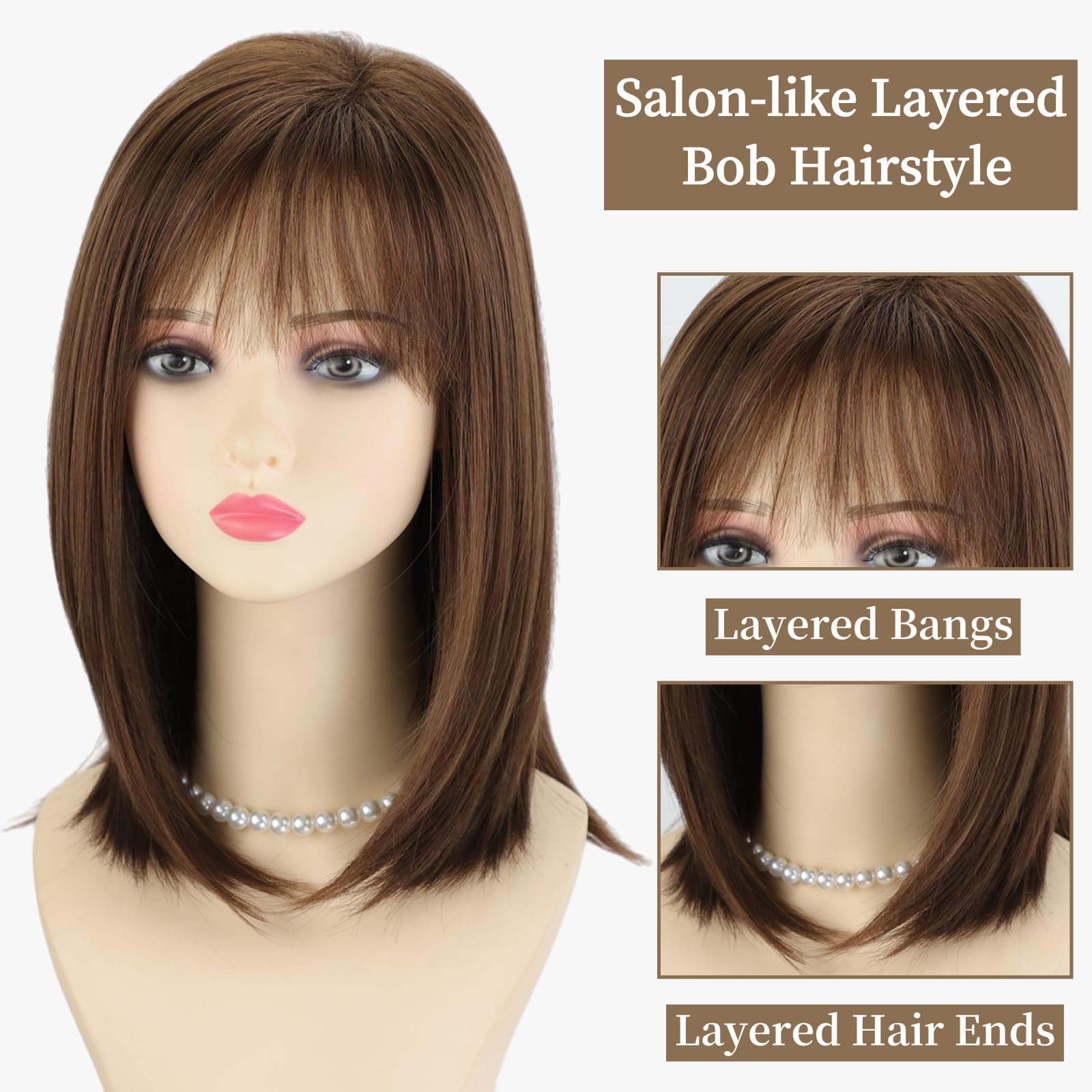 RENERSHOW Ombre Blonde Highlight Layered Bob Wig with Bangs for White Women