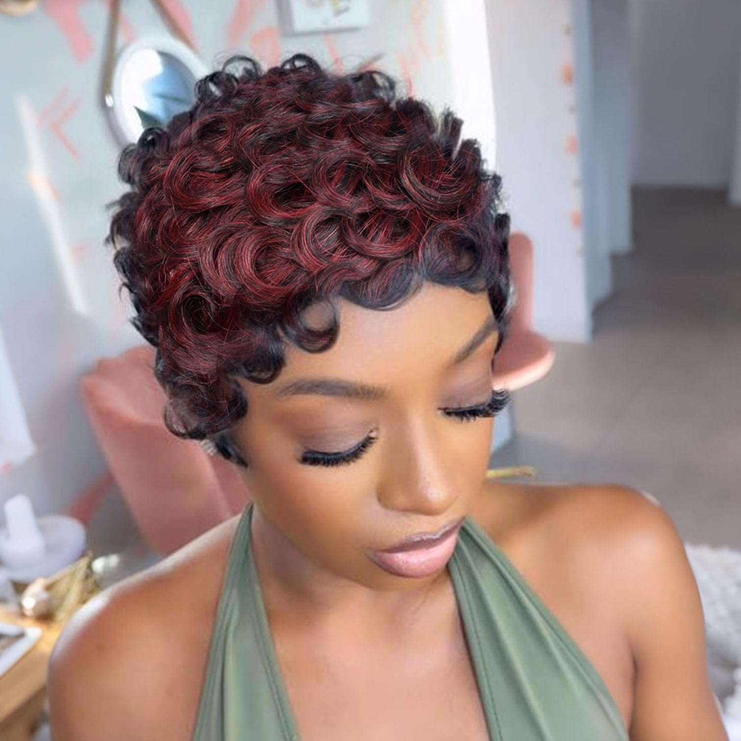 VRZ Pixie Cut Wigs for Black Women Brazilian Curly Pixie Cut Wig Human Hair Glueless Short Layered Wigs With Bangs Natural Black Color No Glue Human Hair Wig for Daily Use