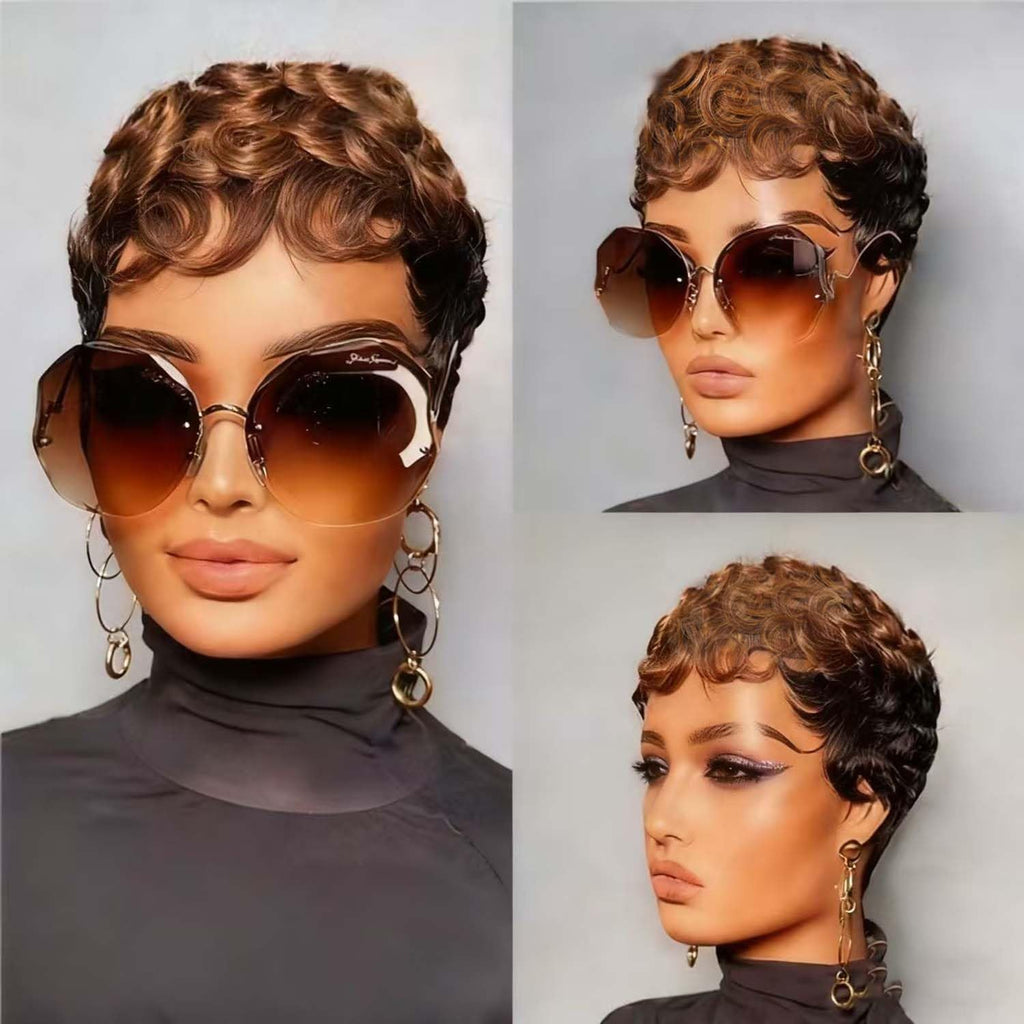 VRZ Pixie Cut Wigs for Black Women Brazilian Curly Pixie Cut Wig Human Hair Glueless Short Layered Wigs With Bangs Natural Black Color No Glue Human Hair Wig for Daily Use