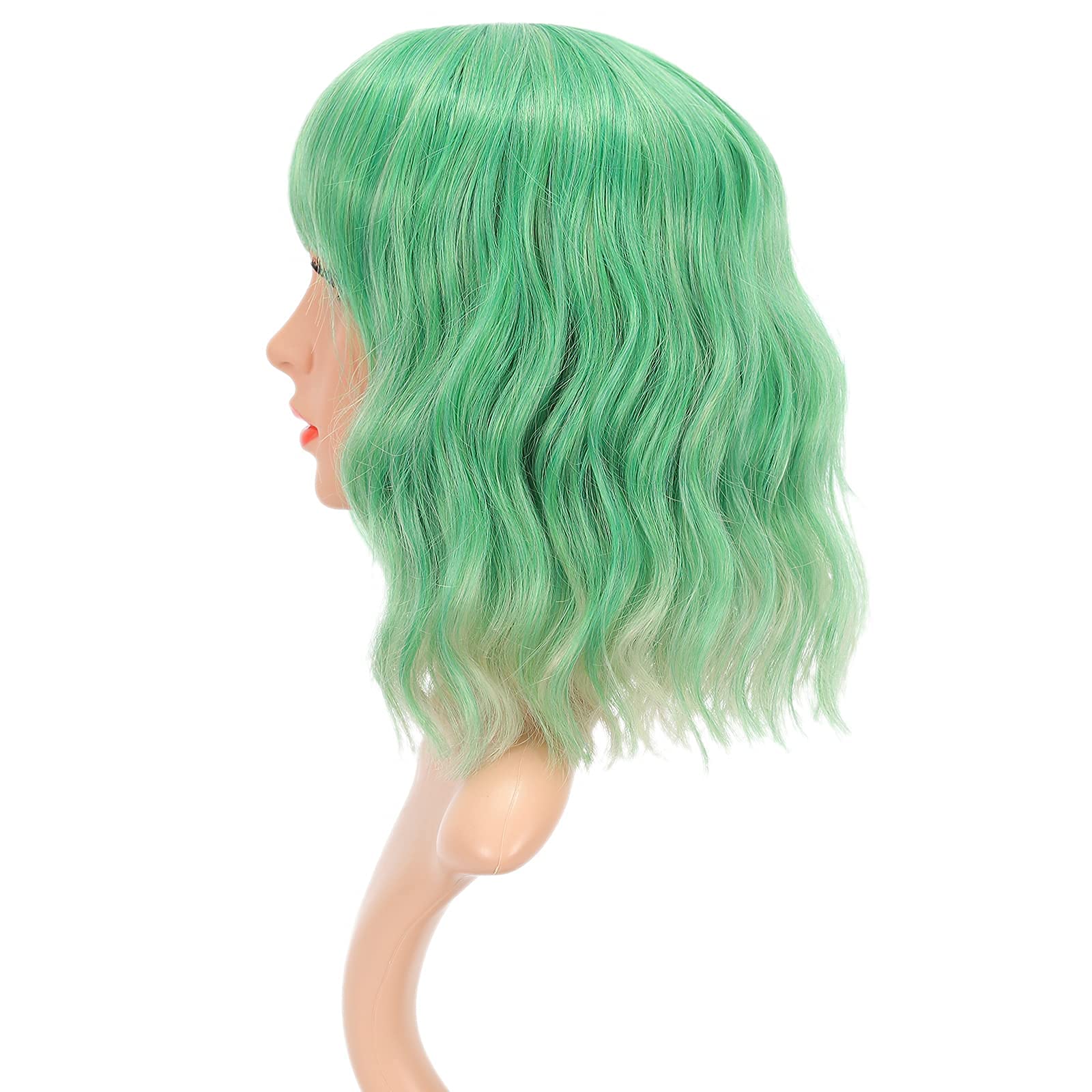 FAELBATY Blonde Wave Short Bob Wigs With Air Bangs Shoulder Length Wig For Women and Girls Curly Wavy Synthetic Cosplay Costume Wig (12" Mix blonde and gold)