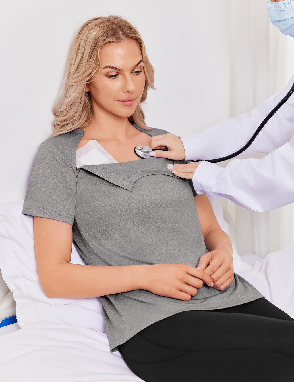 Deyeek Chemo Shirts for Port Access Women with 2 Hidden Side Zippers Post Surgery Short Sleeve Tear Away Adaptive Top Tees