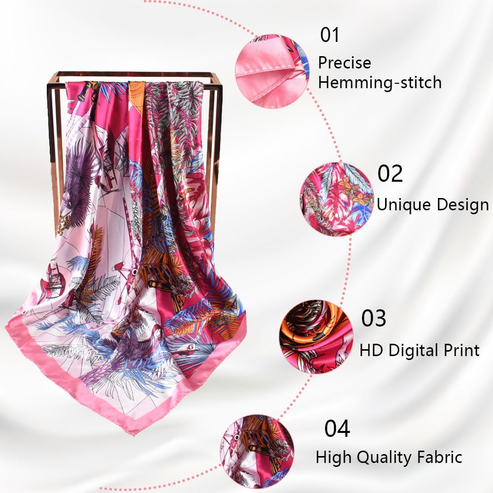 4Pcs Silk Head Scarves for Women Satin Hair Scarf 35”Large Square Bandana Silk Like Neck Scarf Shawl