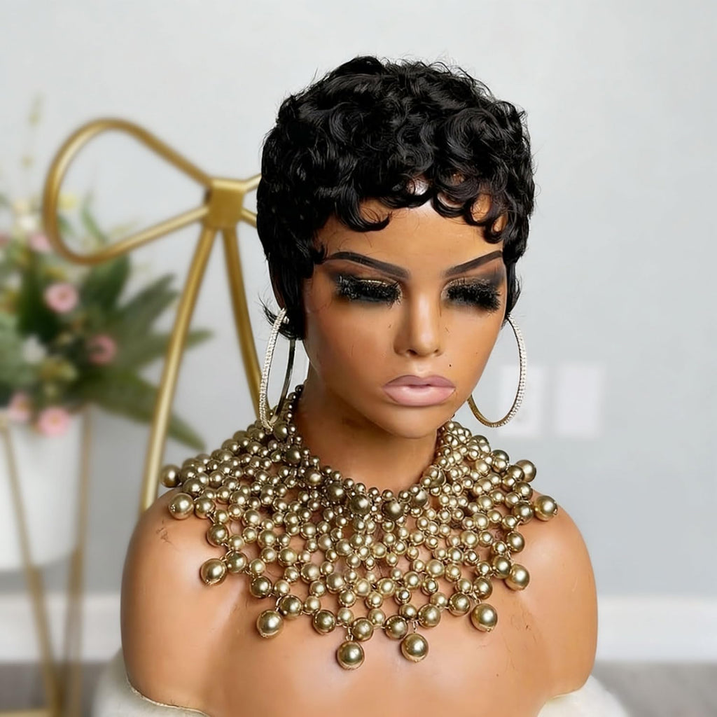 VRZ Pixie Cut Wigs for Black Women Brazilian Curly Pixie Cut Wig Human Hair Glueless Short Layered Wigs With Bangs Natural Black Color No Glue Human Hair Wig for Daily Use