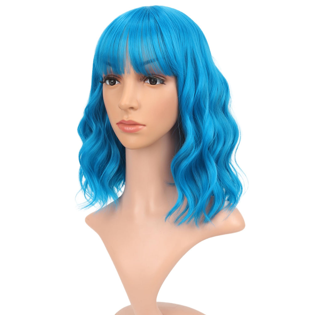 FAELBATY Blonde Wave Short Bob Wigs With Air Bangs Shoulder Length Wig For Women and Girls Curly Wavy Synthetic Cosplay Costume Wig (12" Mix blonde and gold)