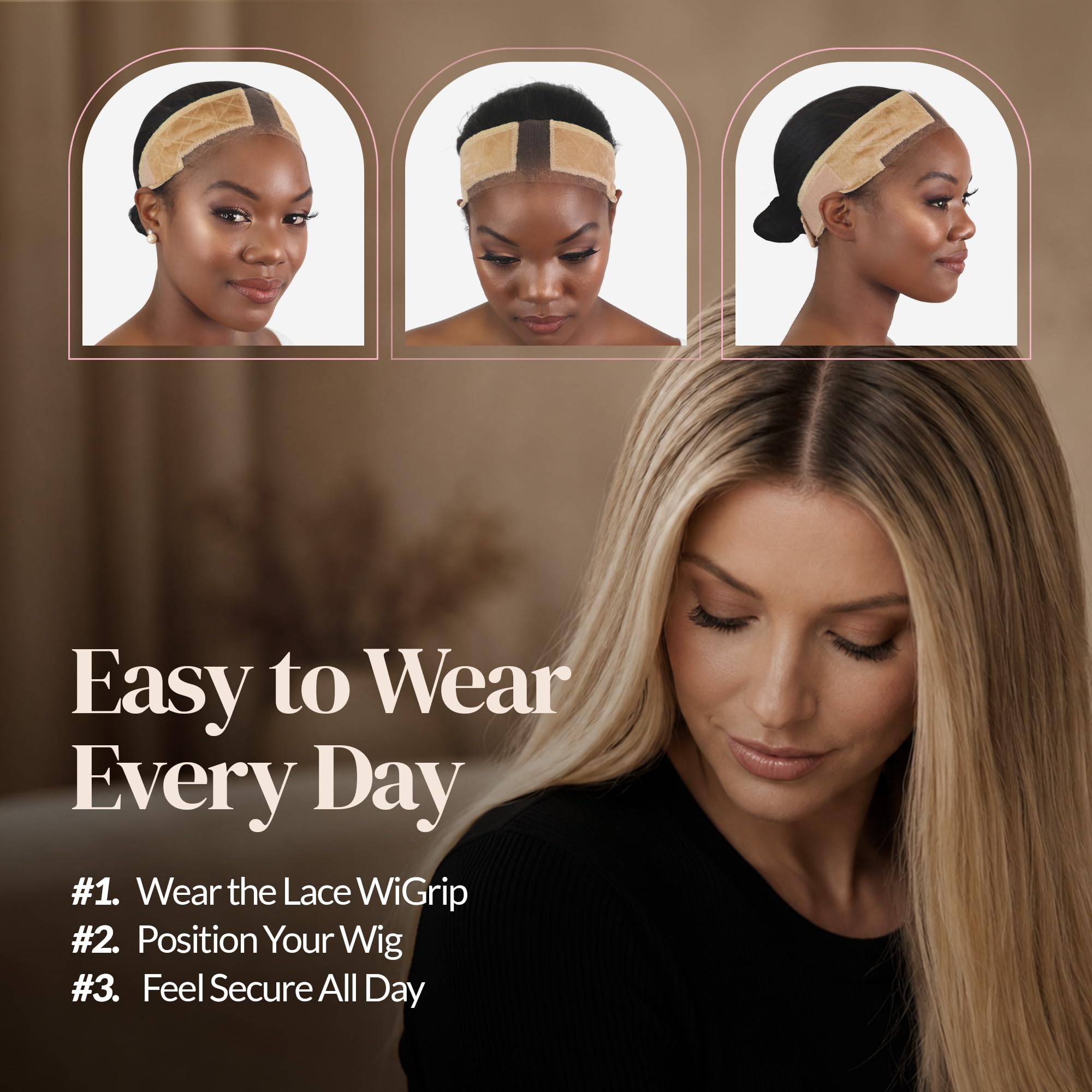 MILANO COLLECTION Wigrip, Premium Lace Wig Band for Women, Fully Adjustable & Reinforced Lace Wig Grip Band by Hairline, Comfortable and Secure Glueless Velvet Headband, Nude