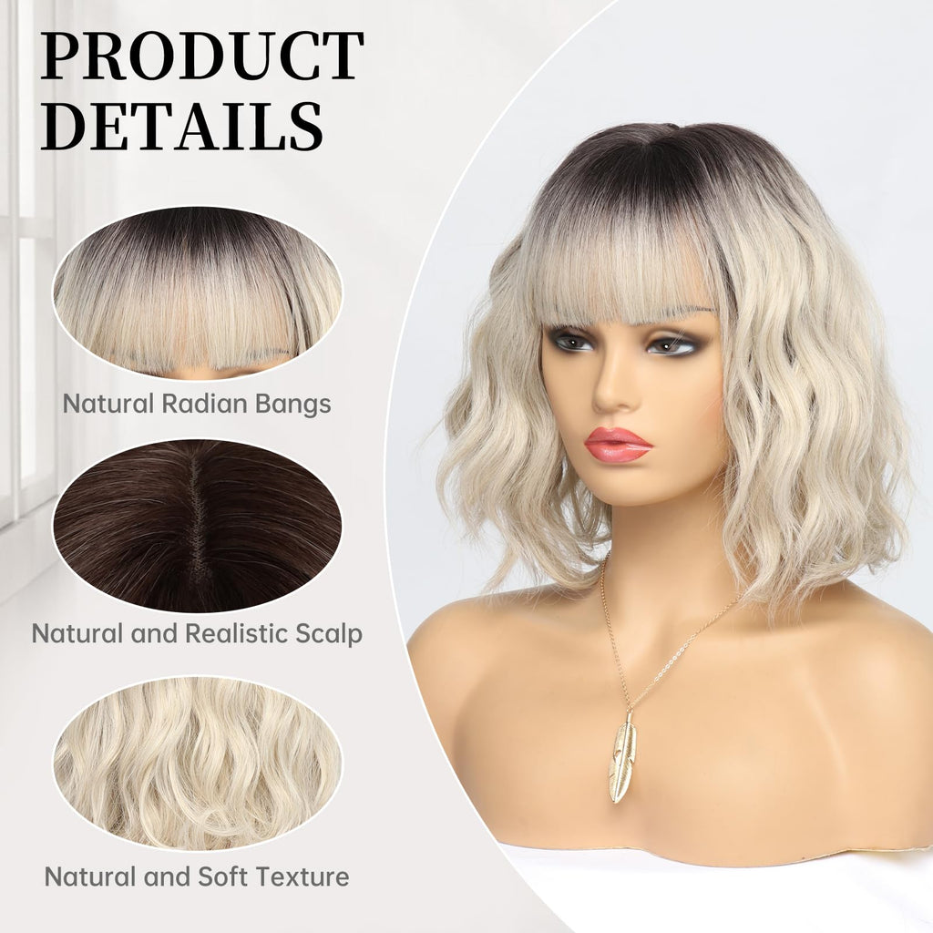 Short Auburn Wigs for Women Dark Ginger Wig with Bangs Wigs Natural Looking Curly Hair Medium Length Synthetic Bob Wig Wavy Colorful Wigs（14 Inches）