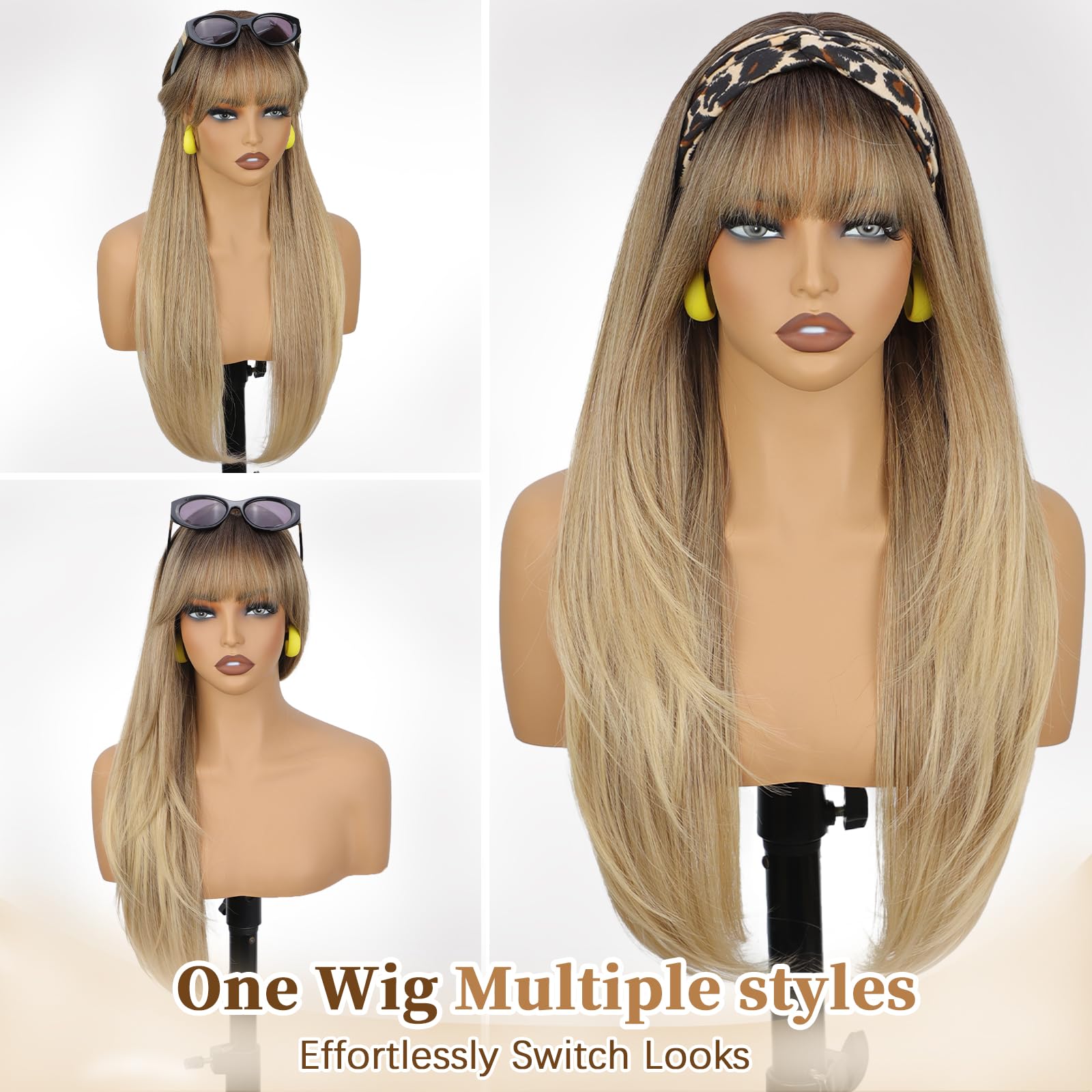 XIXIBI Wig with Bangs for Women,Long Straight,Brown Blonde Highlight