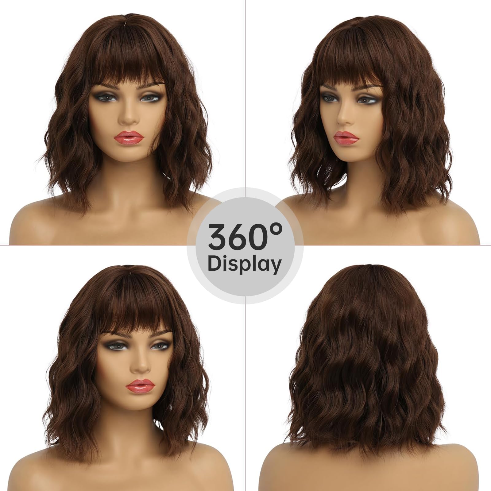 Short Auburn Wigs for Women Dark Ginger Wig with Bangs Wigs Natural Looking Curly Hair Medium Length Synthetic Bob Wig Wavy Colorful Wigs（14 Inches）
