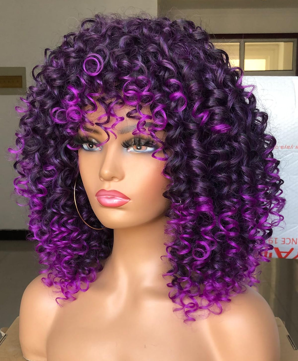 Curly Afro Wigs for Black Women Kinky Curly Wig with Bangs Synthetic Fiber Natural Looking Glueless Hair for Daily Wear