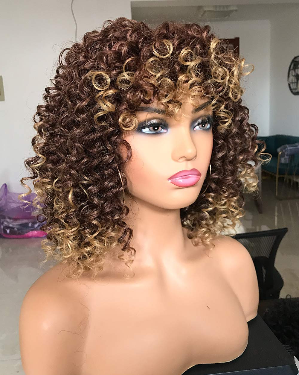 Curly Afro Wigs for Black Women Kinky Curly Wig with Bangs Synthetic Fiber Natural Looking Glueless Hair for Daily Wear