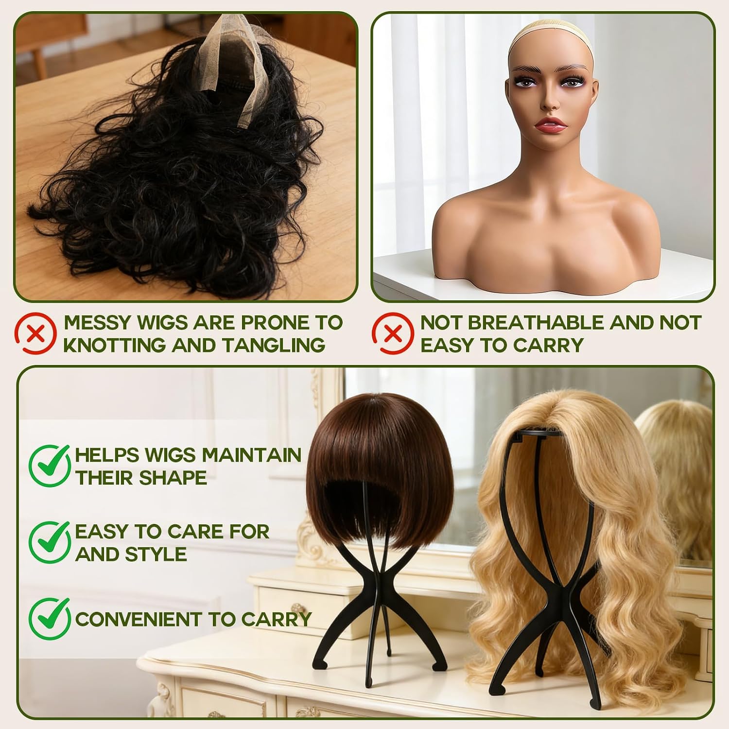 Wig Head Stand with Wig Brush Comb Set Travel Wigs Holder Comb Set for Women Human and Synthetic Hair | 2in 1 Wig Milk Spray & Shampoo Hydrates & Moisturizes, Promotes Silkiness & Shine Easy Combing