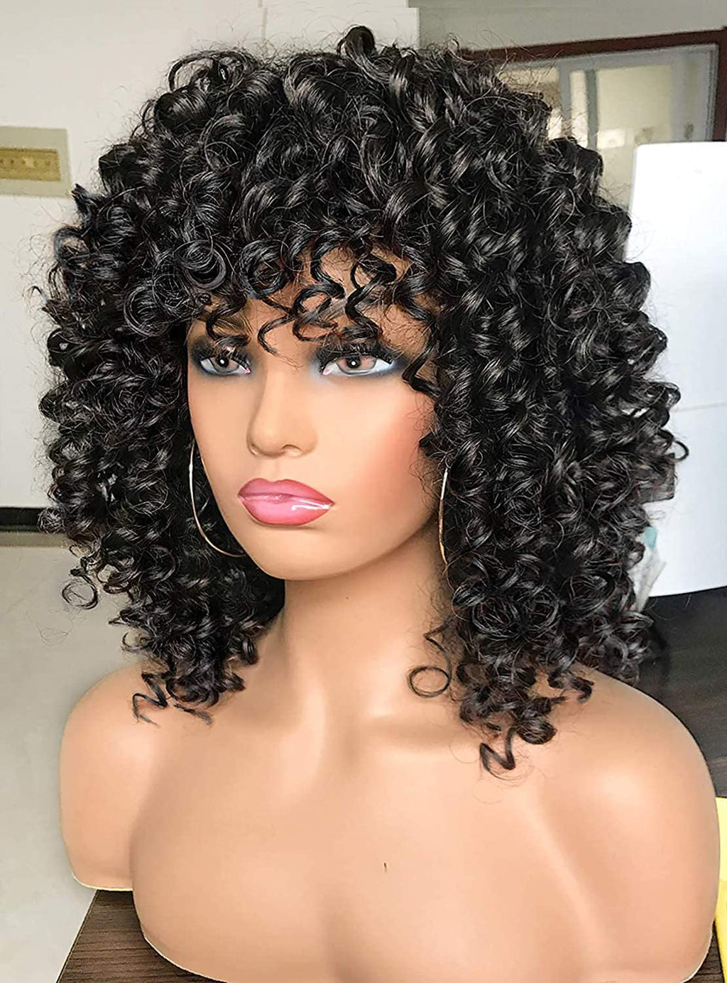 Curly Afro Wigs for Black Women Kinky Curly Wig with Bangs Synthetic Fiber Natural Looking Glueless Hair for Daily Wear