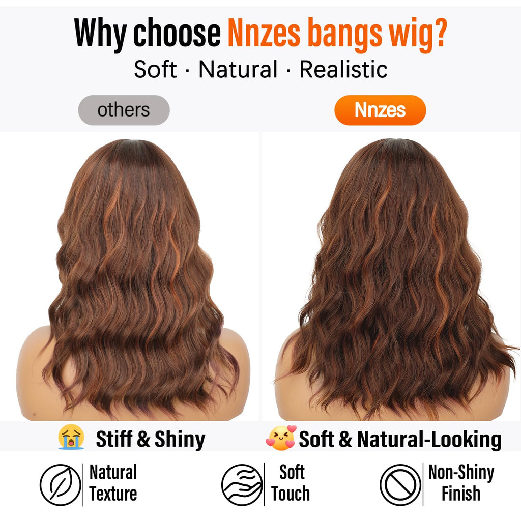 Nnzes Wig with Bangs for Women Shoulder Length Bob Wavy Women's Charming Synthetic Brown mixed Blonde Highlight Wigs with Natural Curly Heat Resistant Hair for Daily Party Use