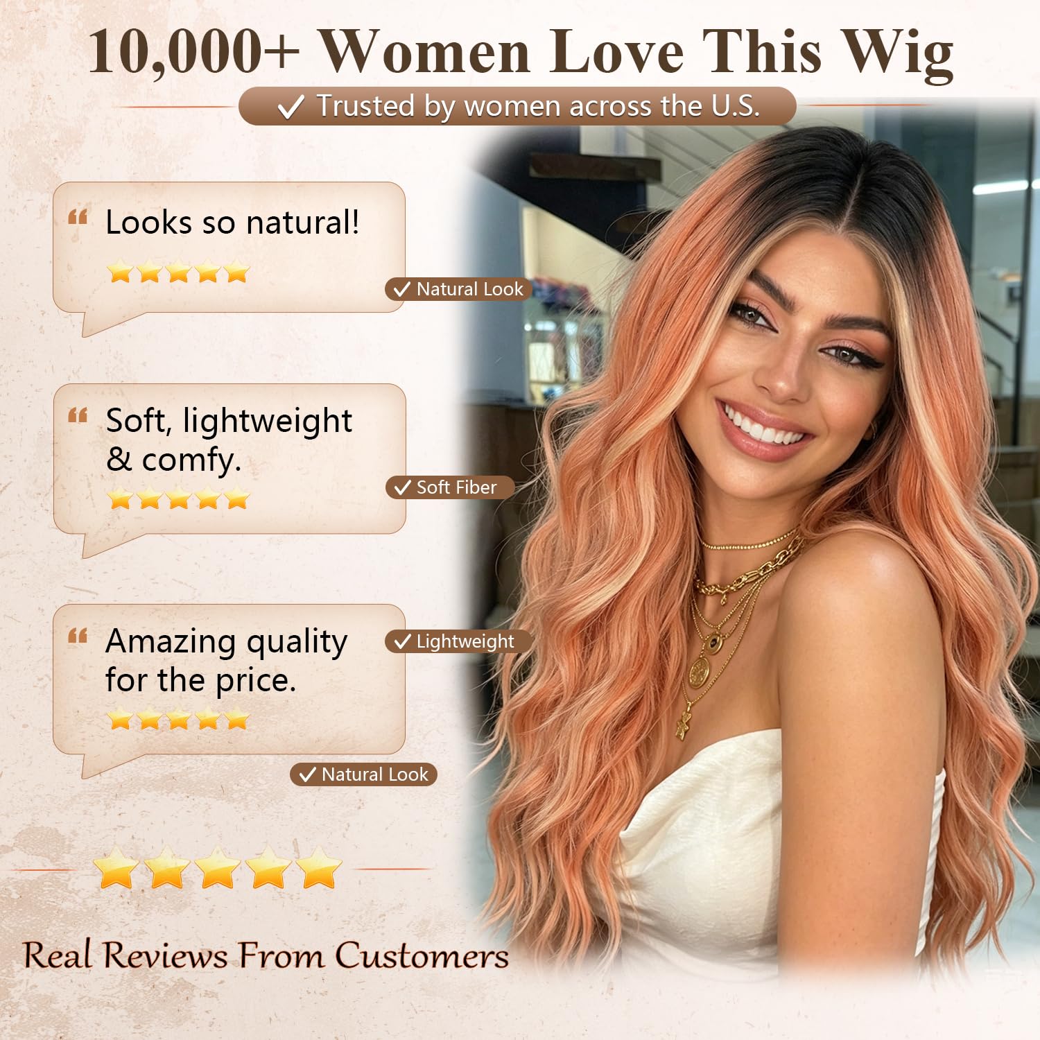 Nnzes Long Brown Mixed Blonde Wavy Wig 4x1 Lace Natural Hairline Middle Part Curly Heat-Resistant Synthetic Fiber for Women & Beginners Daily Party Use 26In
