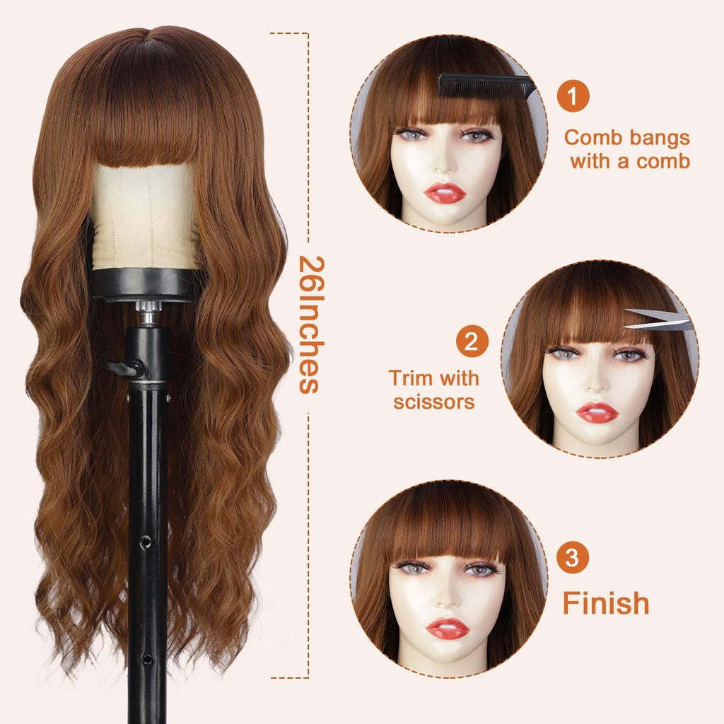 Lativ Ombre Blonde Brown Wig with Bangs Long Wavy Curly Wig with Brown End