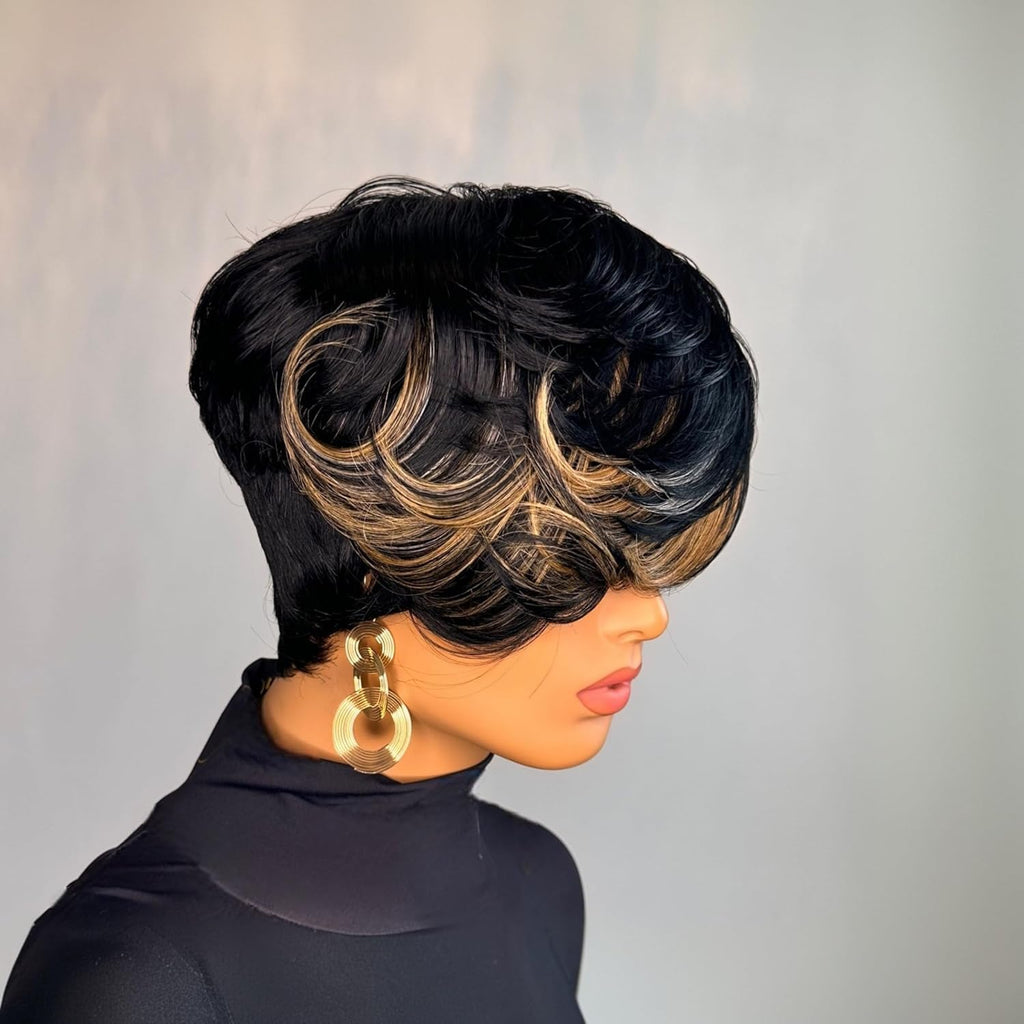 VRZ Pixie Cut Wigs for Black Women Brazilian Curly Pixie Cut Wig Human Hair Glueless Short Layered Wigs With Bangs Natural Black Color No Glue Human Hair Wig for Daily Use