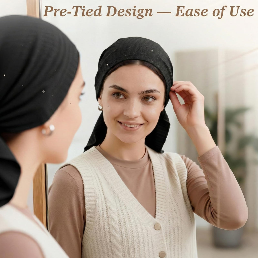 Pretied Head Scarves for Women – Fashionable Glitter Turban Head Wraps, Stylish Chemo Headwear, Elegant Hair Coverings