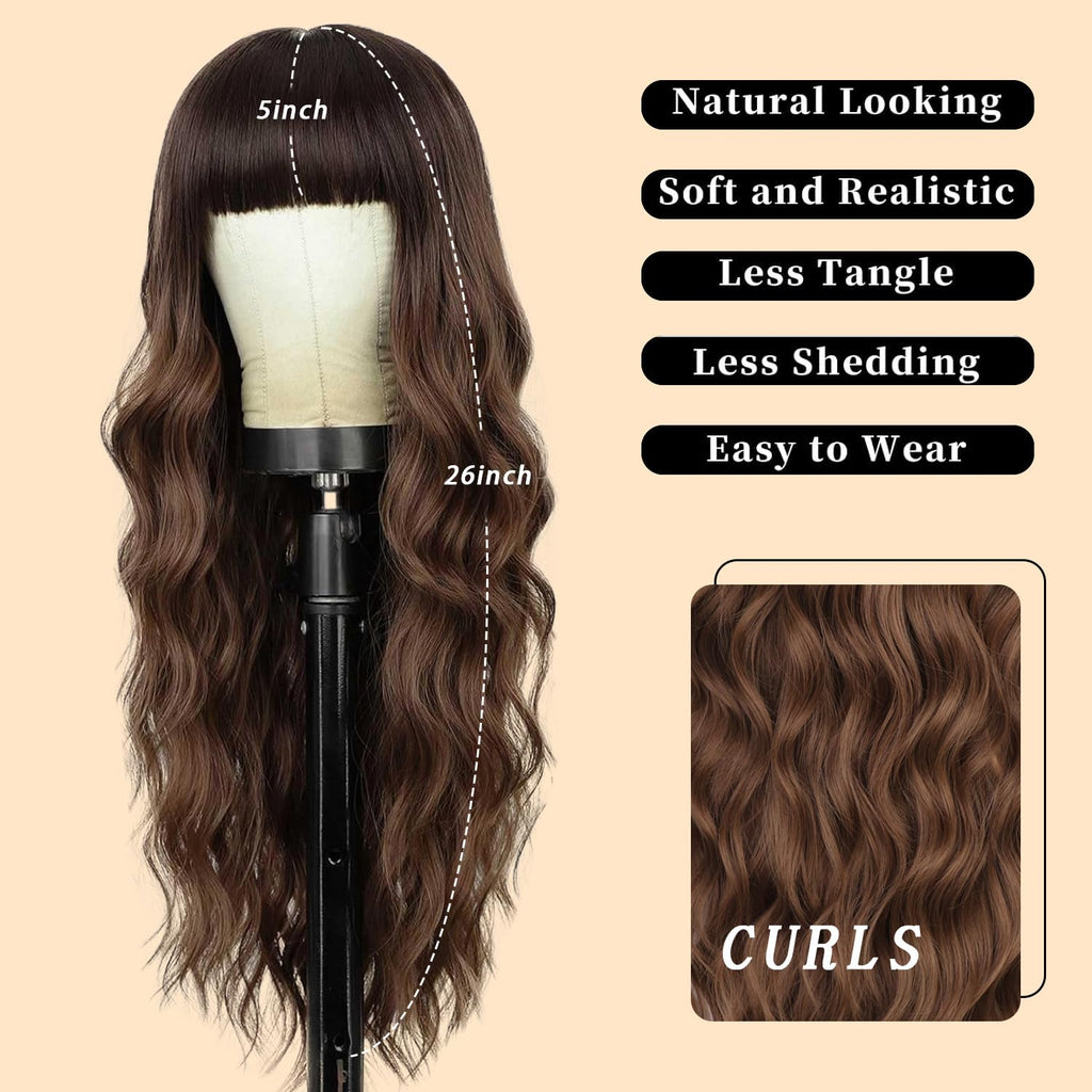 Lativ Ombre Blonde Brown Wig with Bangs Long Wavy Curly Wig with Brown End