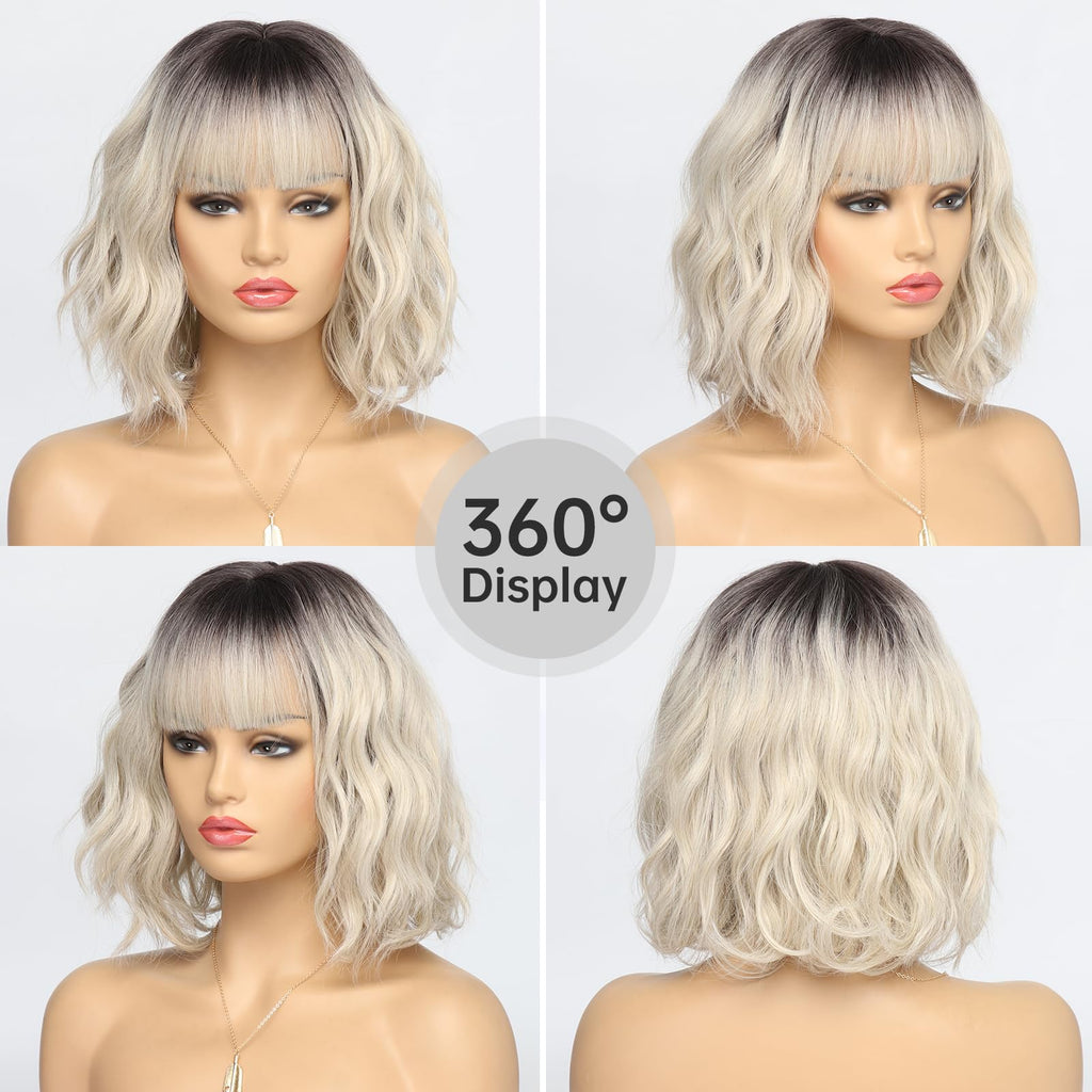 Short Auburn Wigs for Women Dark Ginger Wig with Bangs Wigs Natural Looking Curly Hair Medium Length Synthetic Bob Wig Wavy Colorful Wigs（14 Inches）