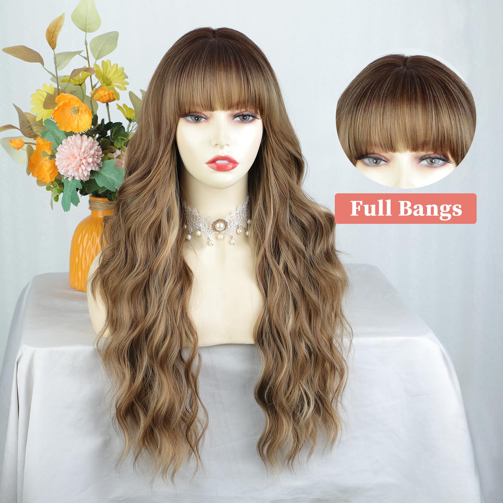 Lativ Ombre Blonde Brown Wig with Bangs Long Wavy Curly Wig with Brown End