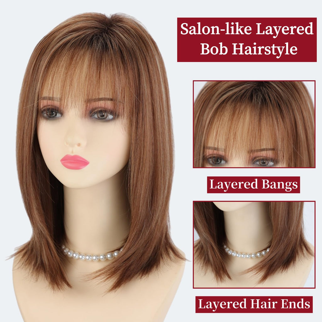 RENERSHOW Ombre Blonde Highlight Layered Bob Wig with Bangs for White Women