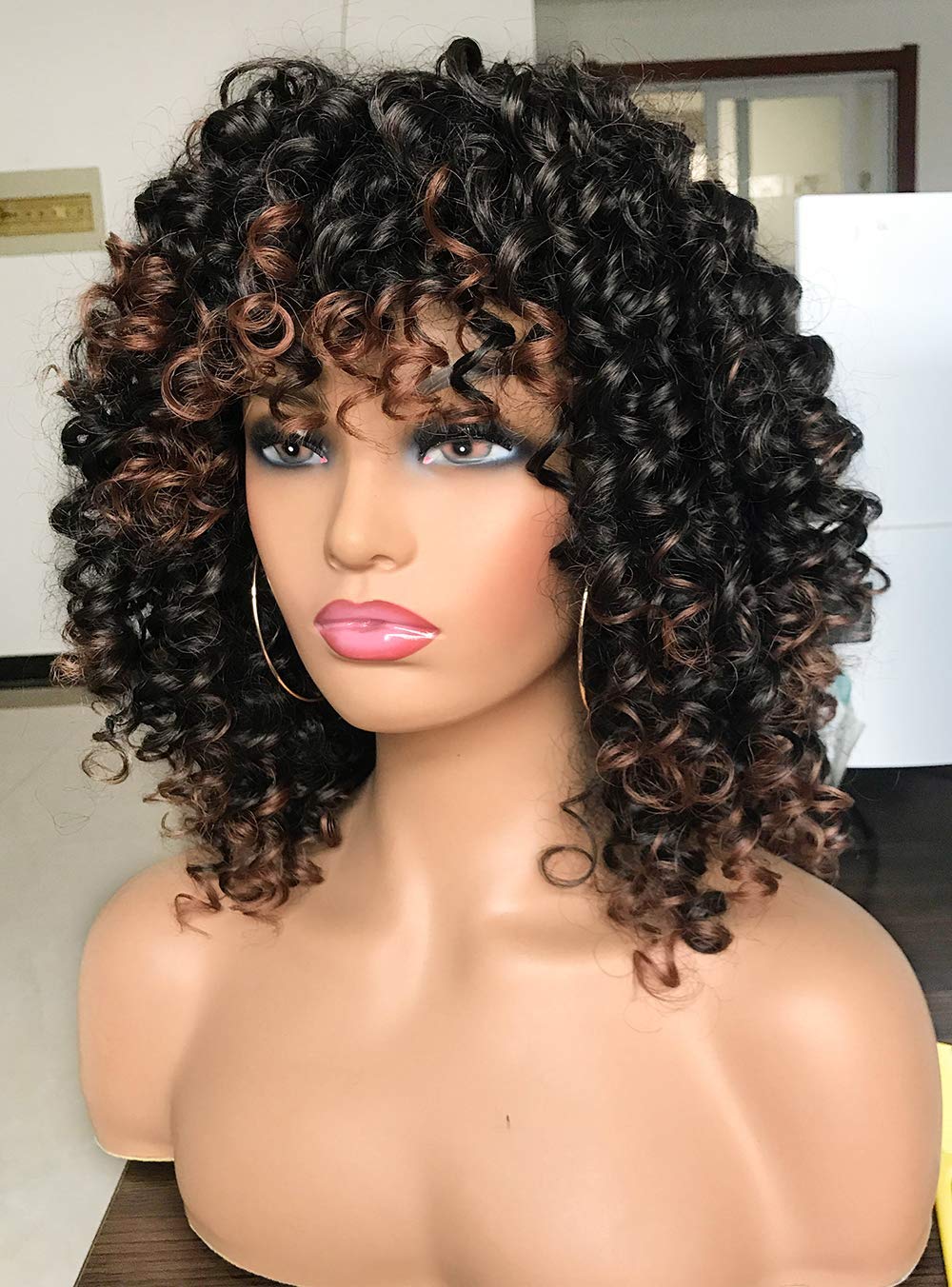 Curly Afro Wigs for Black Women Kinky Curly Wig with Bangs Synthetic Fiber Natural Looking Glueless Hair for Daily Wear