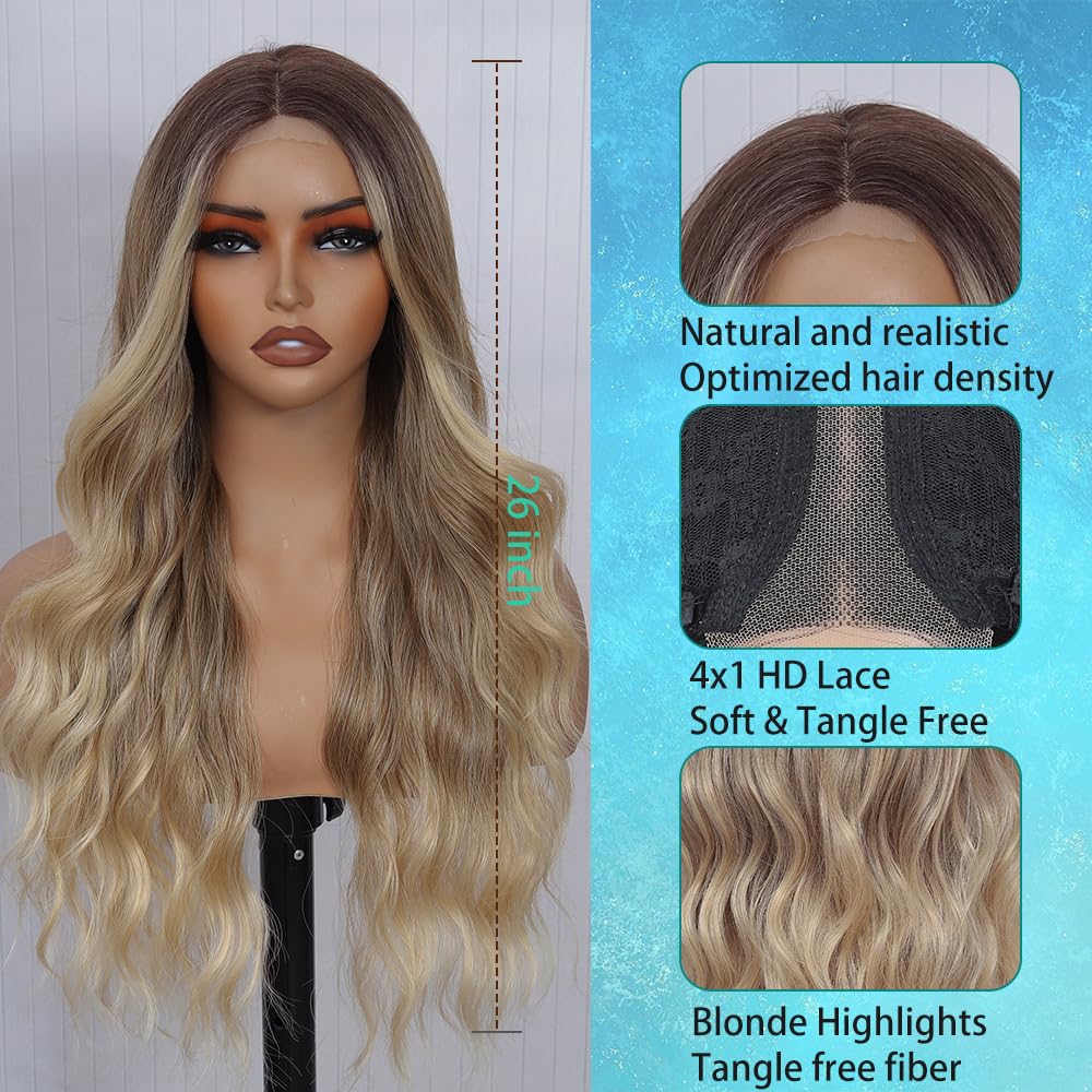 HMHIFI Blonde Wig for Women,26 Inch Long Wavy Curly Middle Part Hair