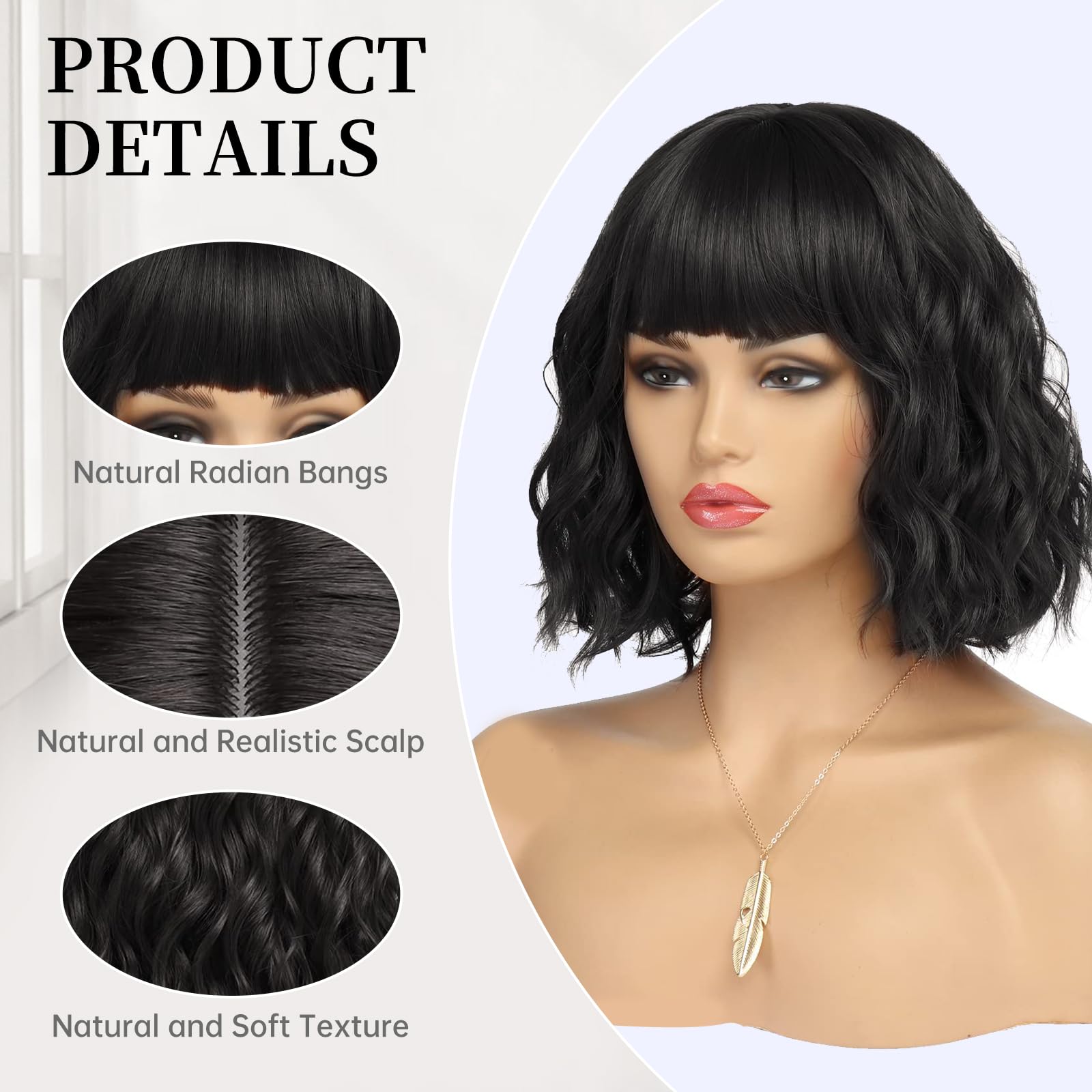 Short Auburn Wigs for Women Dark Ginger Wig with Bangs Wigs Natural Looking Curly Hair Medium Length Synthetic Bob Wig Wavy Colorful Wigs（14 Inches）