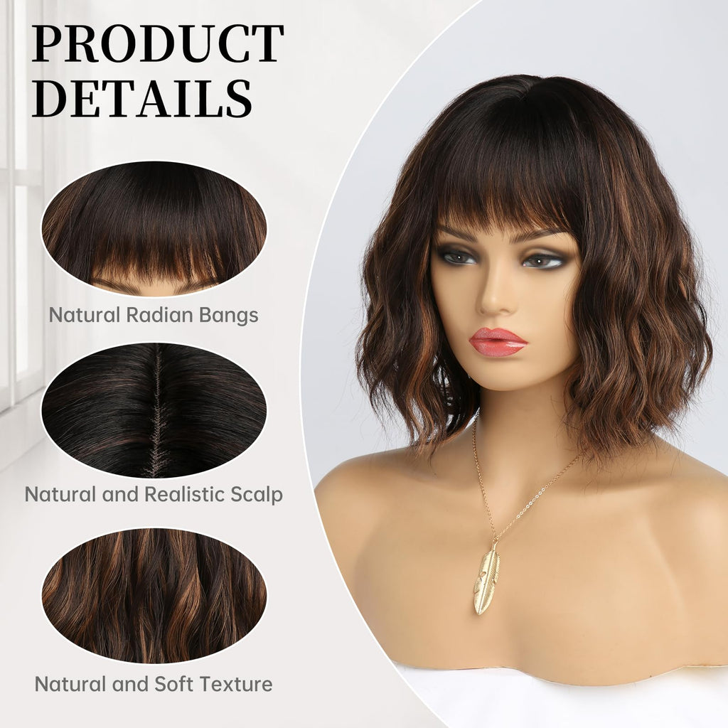 Short Auburn Wigs for Women Dark Ginger Wig with Bangs Wigs Natural Looking Curly Hair Medium Length Synthetic Bob Wig Wavy Colorful Wigs（14 Inches）
